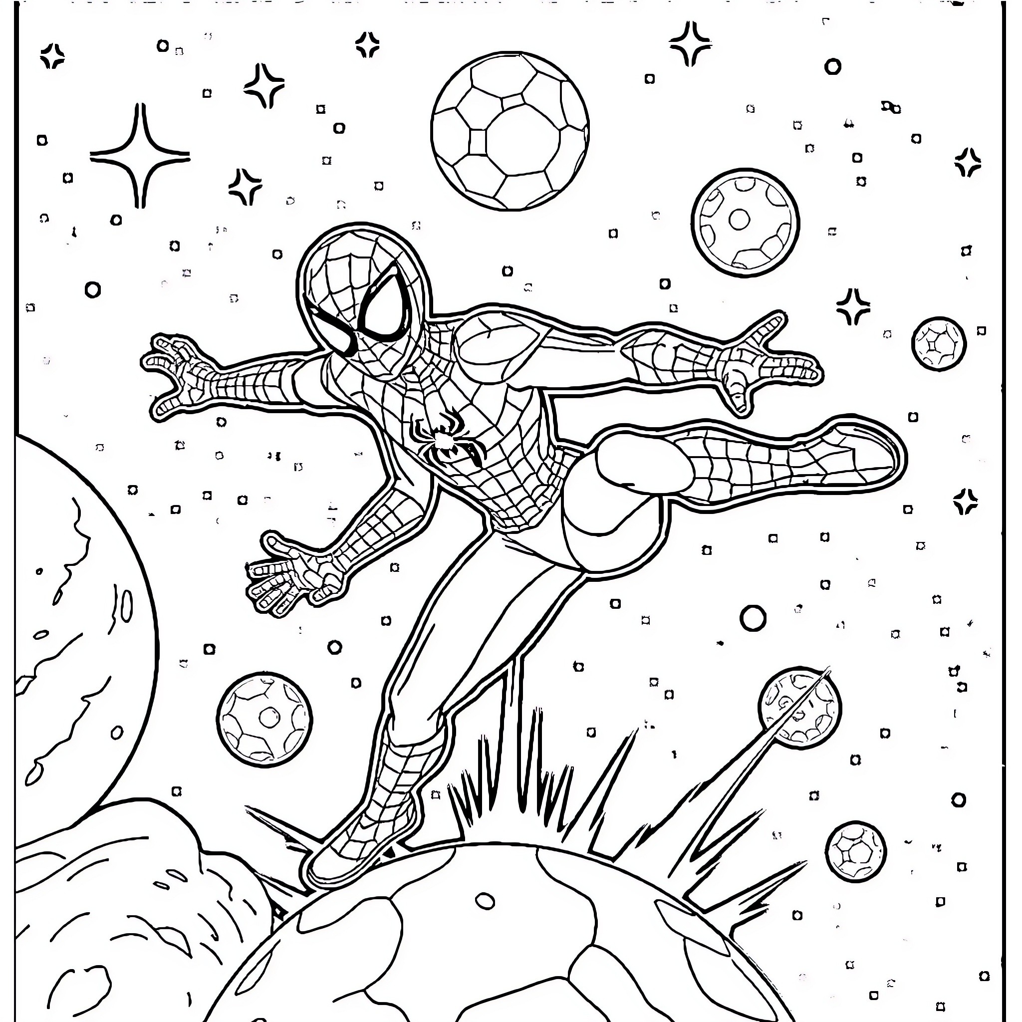Spiderman swinging through the cosmos with cosmic objects Coloring Page (free black-and-white line drawing printable PDF for all, from beginners to advanced learners, including children, teens, adults, and seniors)