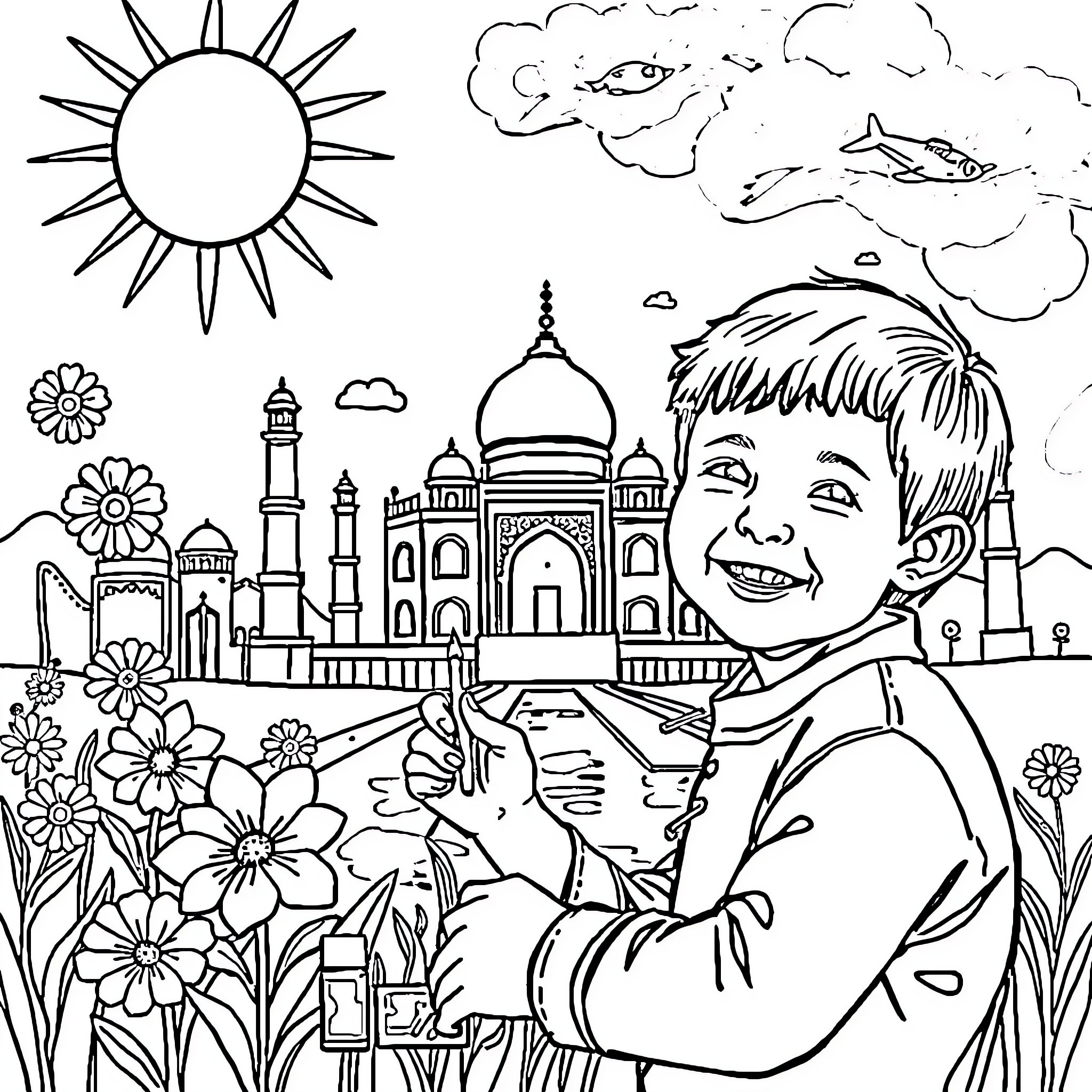 India: Boy exploring scenic landscape with Taj Mahal Coloring Page (free black-and-white line drawing printable PDF for all, from beginners to advanced learners, including children, teens, adults, and seniors)