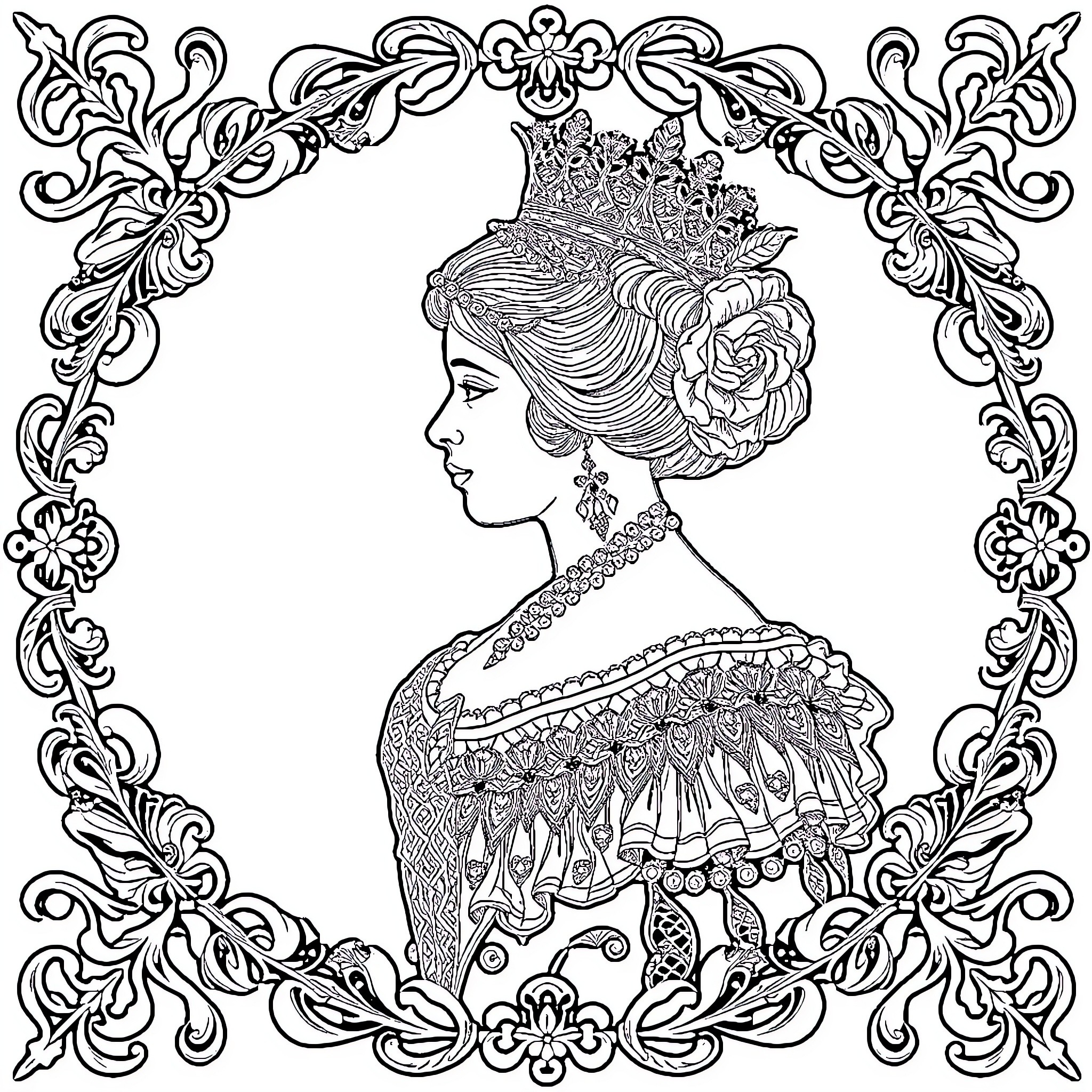 Filigree Portrait of a Regal Woman Coloring Page (free black-and-white line drawing printable PDF for all, from beginners to advanced learners, including children, teens, adults, and seniors)
