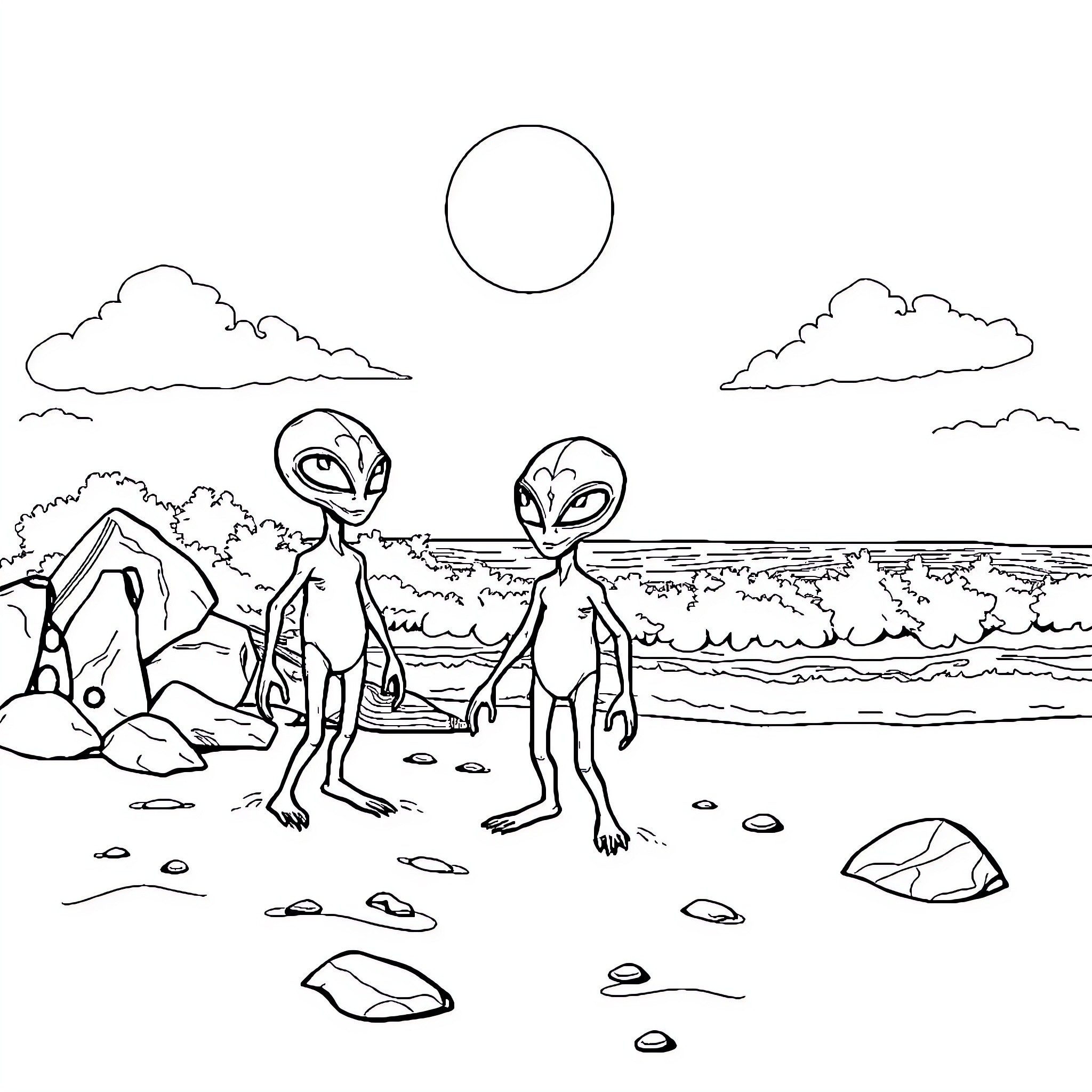 Alien explorers on a distant alien shore Coloring Page (free black-and-white line drawing printable PDF for all, from beginners to advanced learners, including children, teens, adults, and seniors)