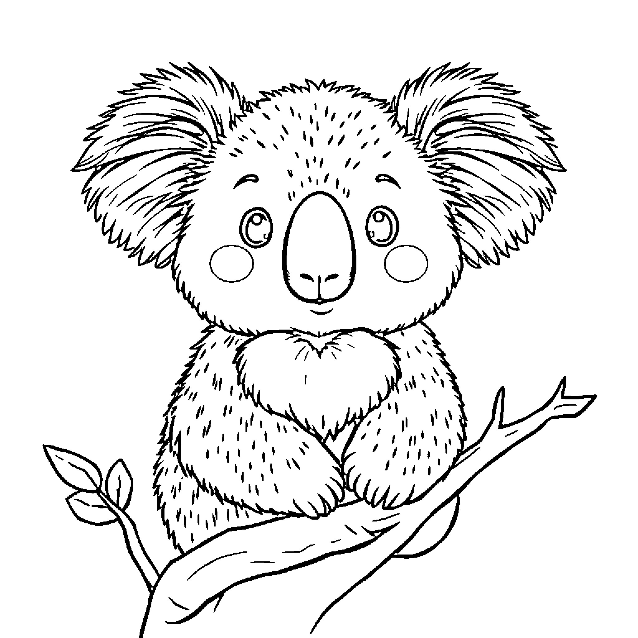 Koala sitting contentedly on a tree branch Coloring Page (free black-and-white line drawing printable PDF for all, from beginners to advanced learners, including children, teens, adults, and seniors)