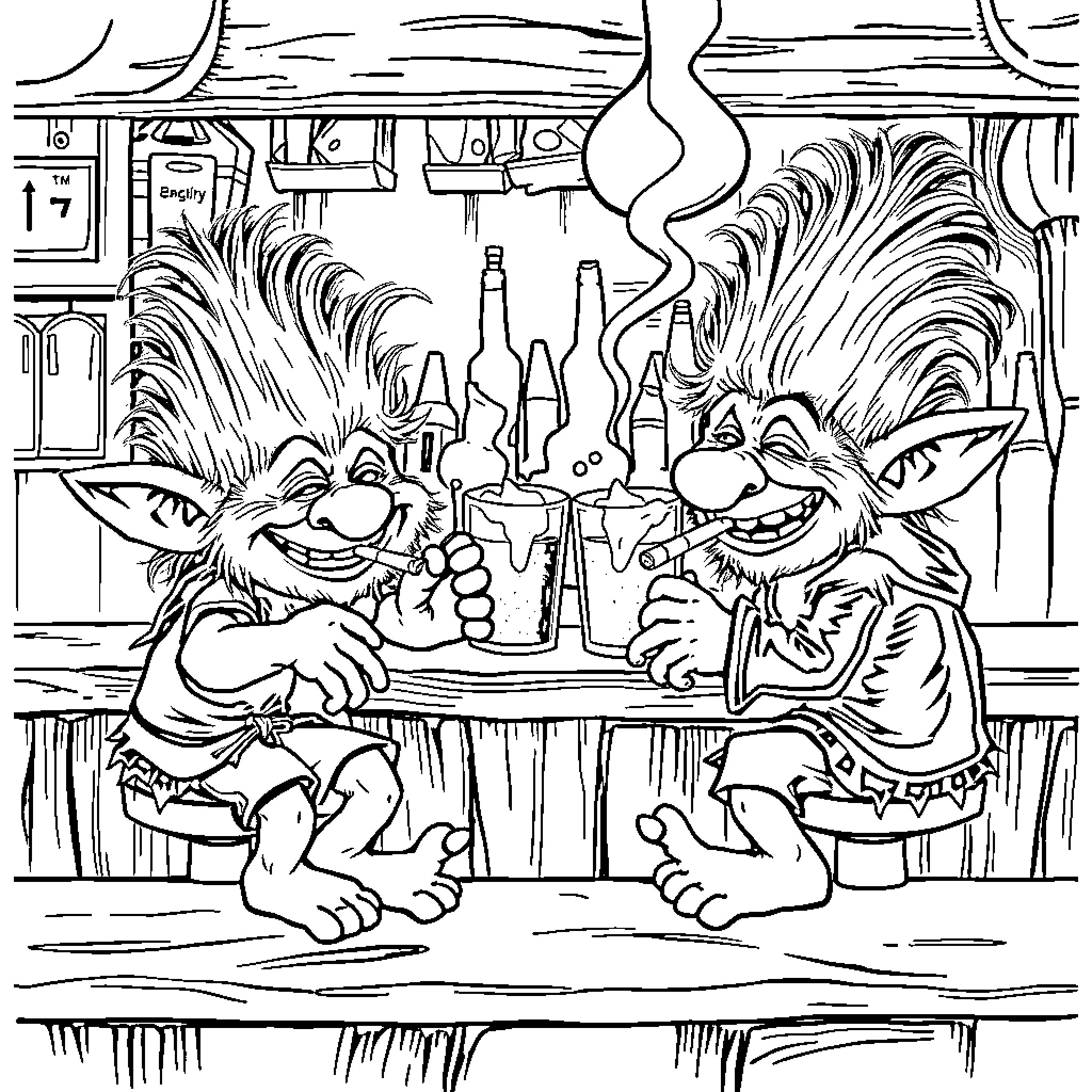 Troll Buddies Enjoying a Drink at the Bar Coloring Page (free black-and-white line drawing printable PDF for all, from beginners to advanced learners, including children, teens, adults, and seniors)