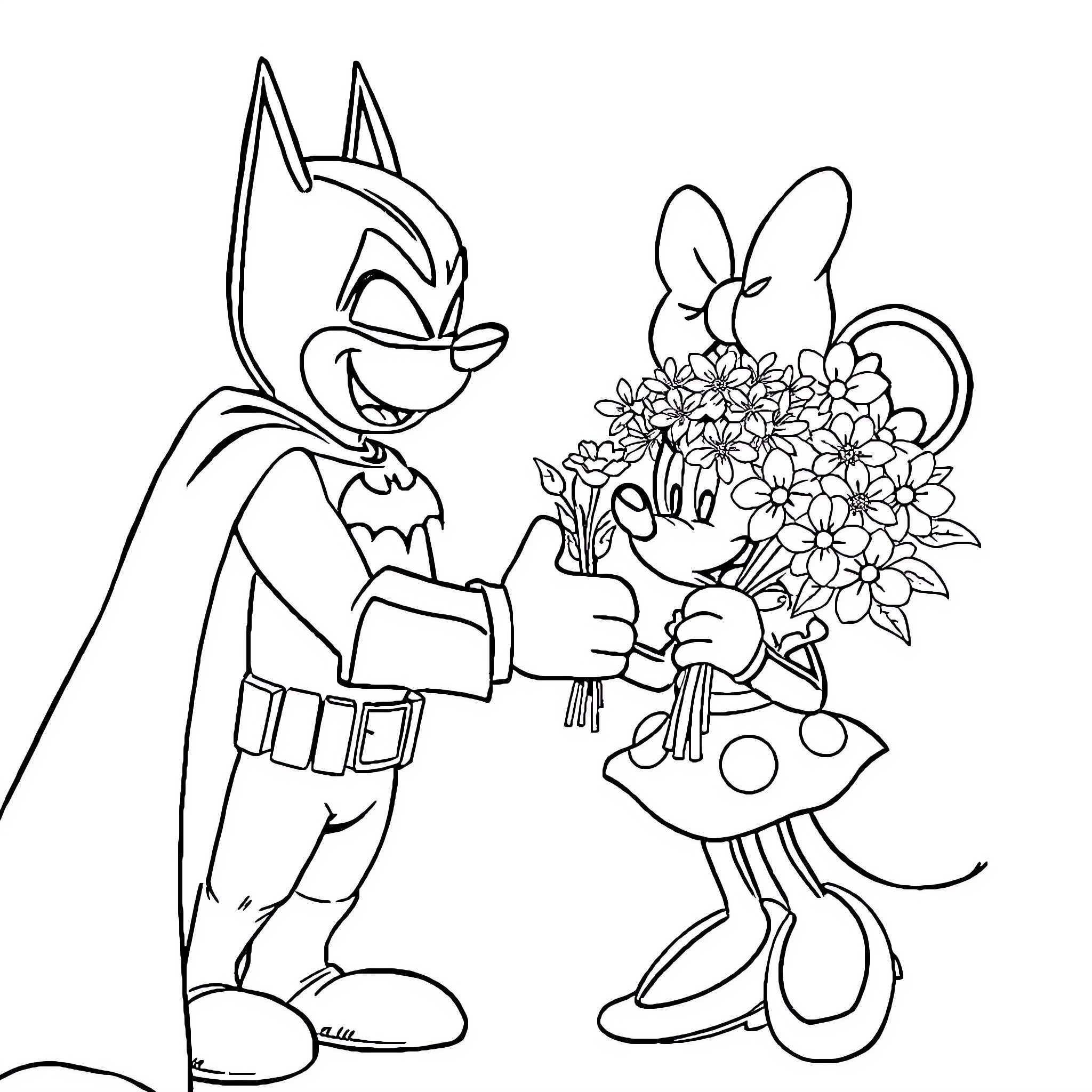 Minnie Mouse receives flowers from Mickey Mouse Coloring Page (free black-and-white line drawing printable PDF for all, from beginners to advanced learners, including children, teens, adults, and seniors)