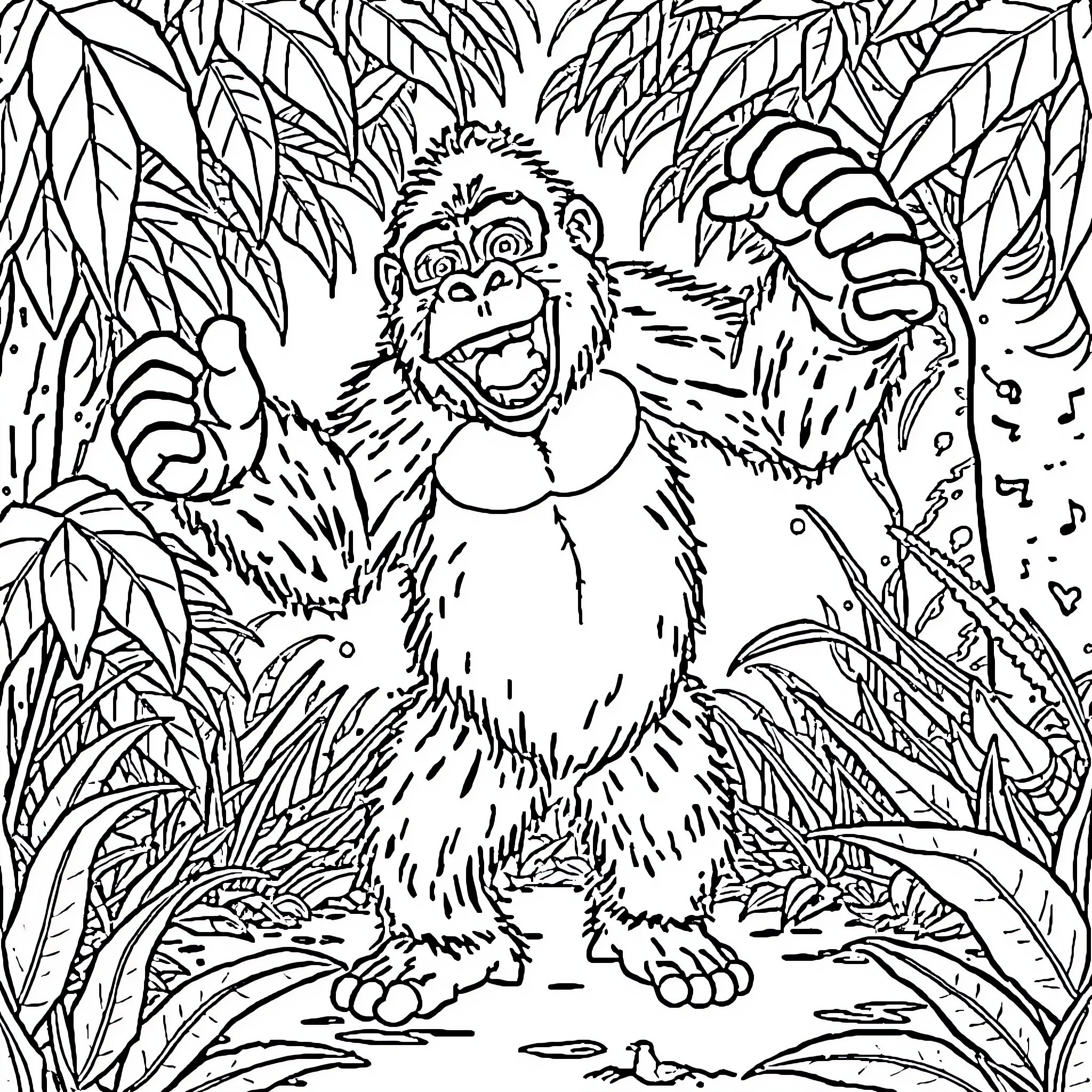 Gorilla Celebrating in the Jungle Coloring Page (free black-and-white line drawing printable PDF for all, from beginners to advanced learners, including children, teens, adults, and seniors)