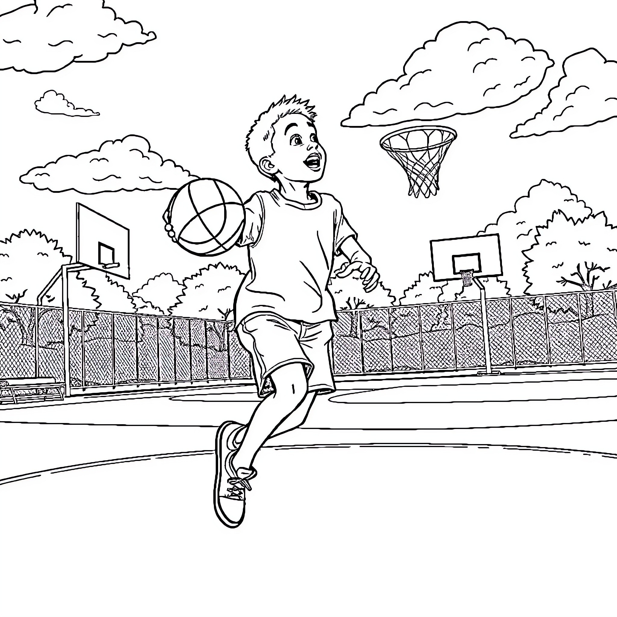 Kid Playing Basketball on Outdoor Court Coloring Page (free black-and-white line drawing printable PDF for all, from beginners to advanced learners, including children, teens, adults, and seniors)