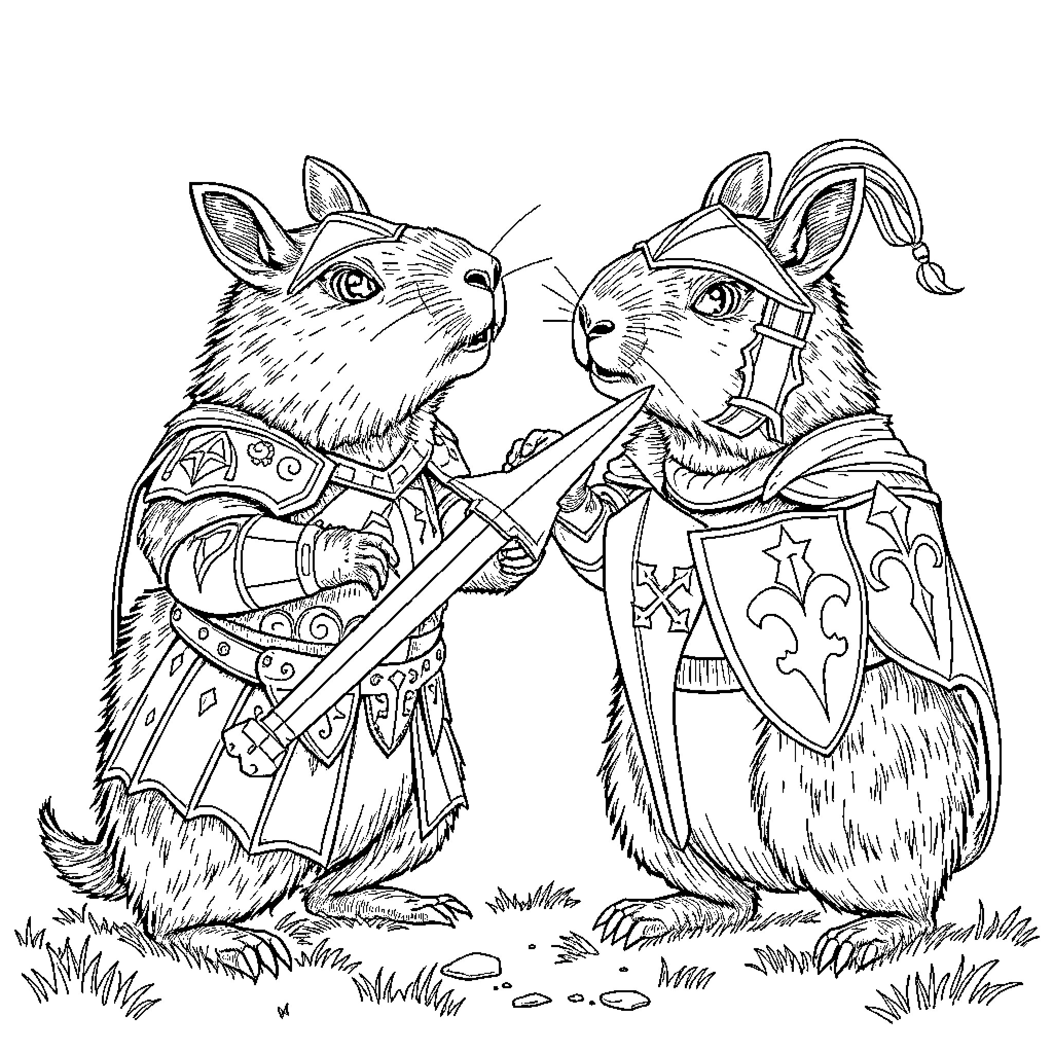 Capybara knights in medieval attire engaging in friendly conversation Coloring Page (free black-and-white line drawing printable PDF for all, from beginners to advanced learners, including children, teens, adults, and seniors)