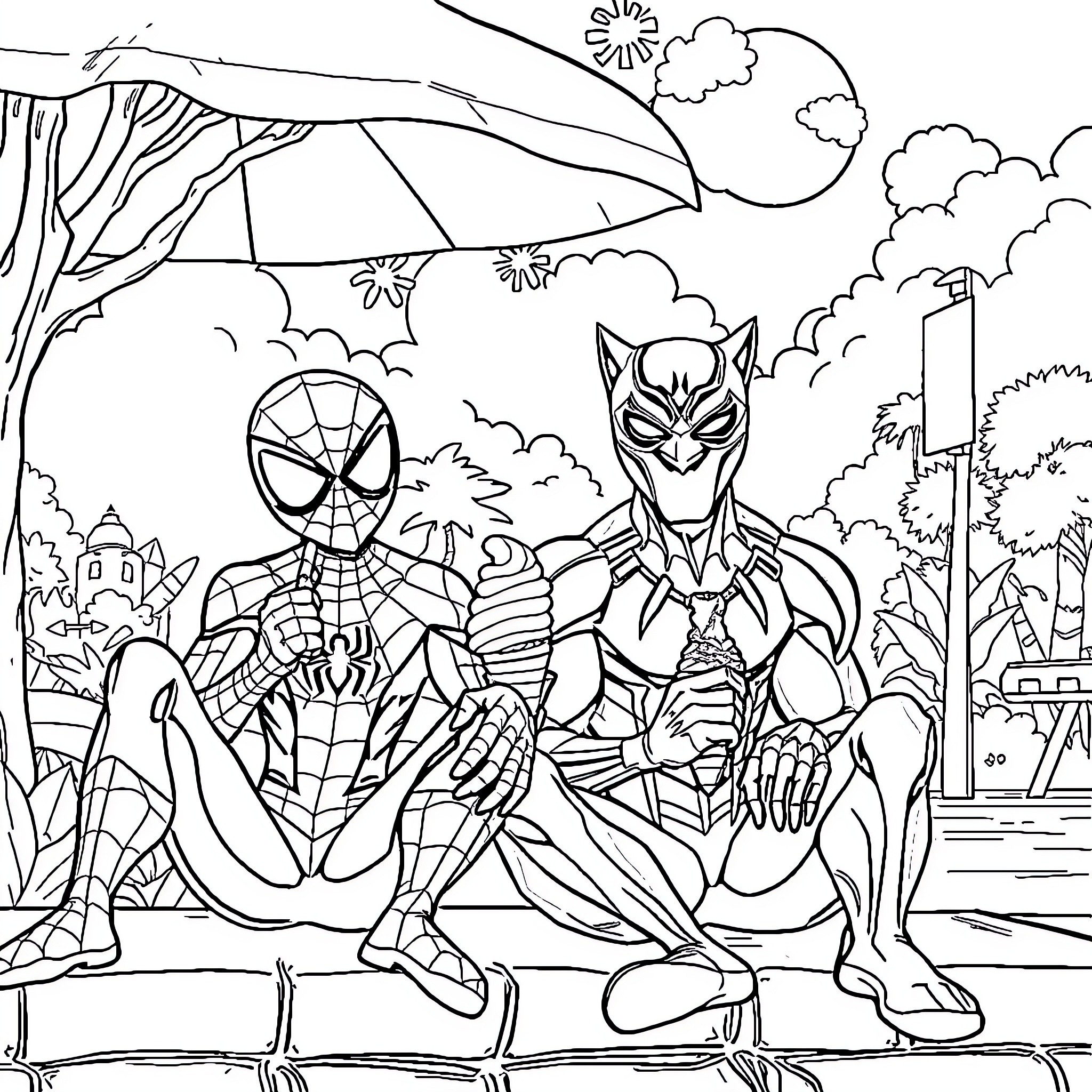 Black Panther and Spider-Man battling in the city Coloring Page (free black-and-white line drawing printable PDF for all, from beginners to advanced learners, including children, teens, adults, and seniors)