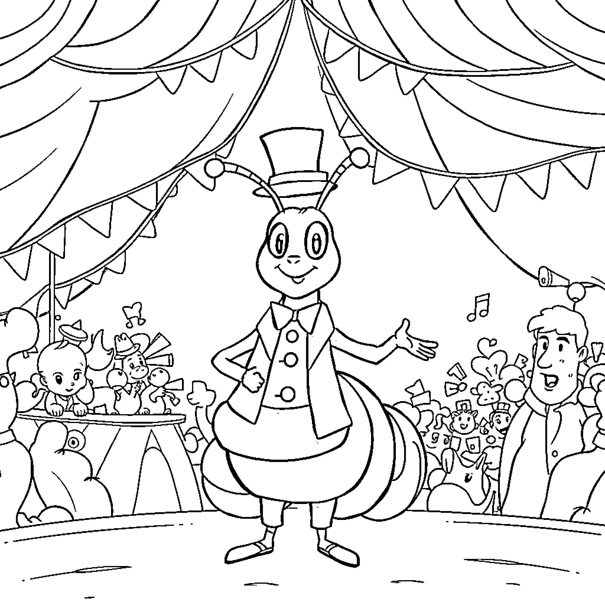 Caterpillar character performing on stage with animals Coloring Page (free black-and-white line drawing printable PDF for all, from beginners to advanced learners, including children, teens, adults, and seniors)