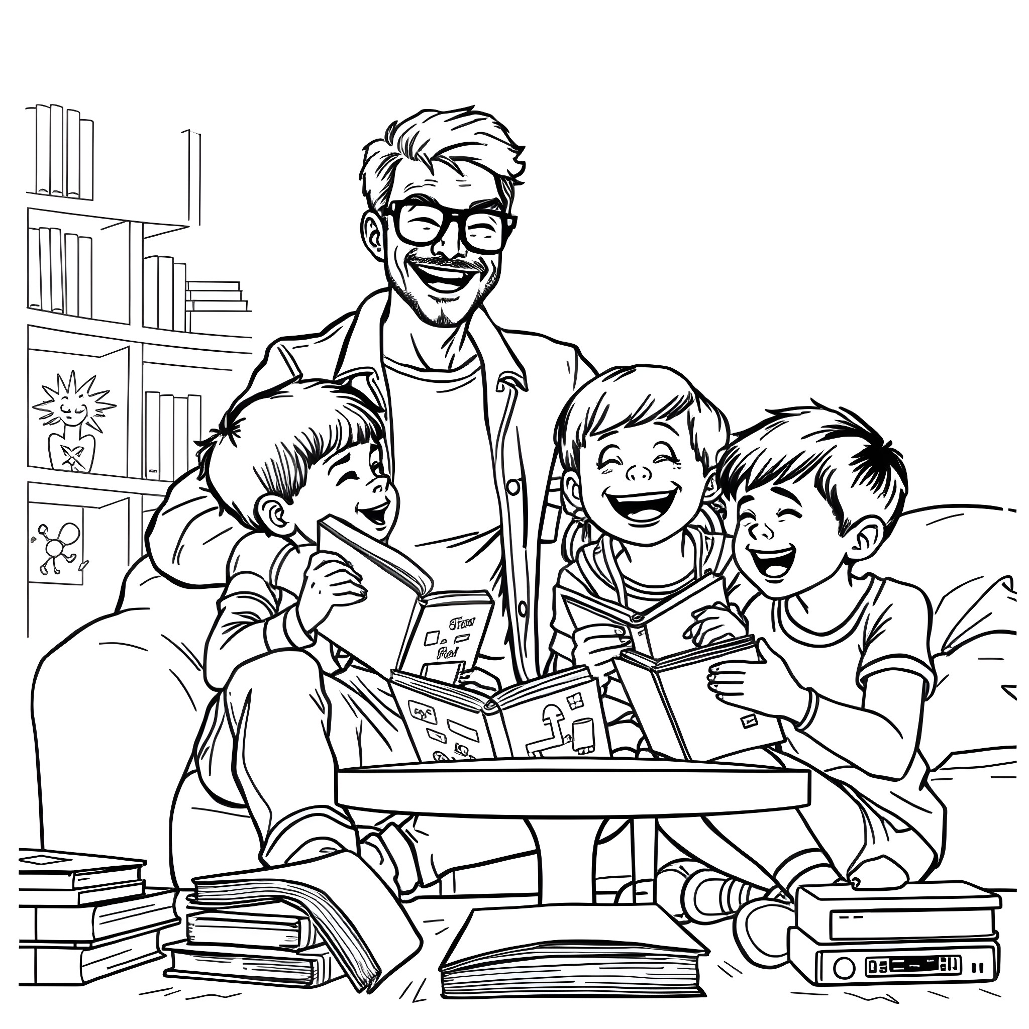 Dad reading books with kids at home Coloring Page (free black-and-white line drawing printable PDF for all, from beginners to advanced learners, including children, teens, adults, and seniors)