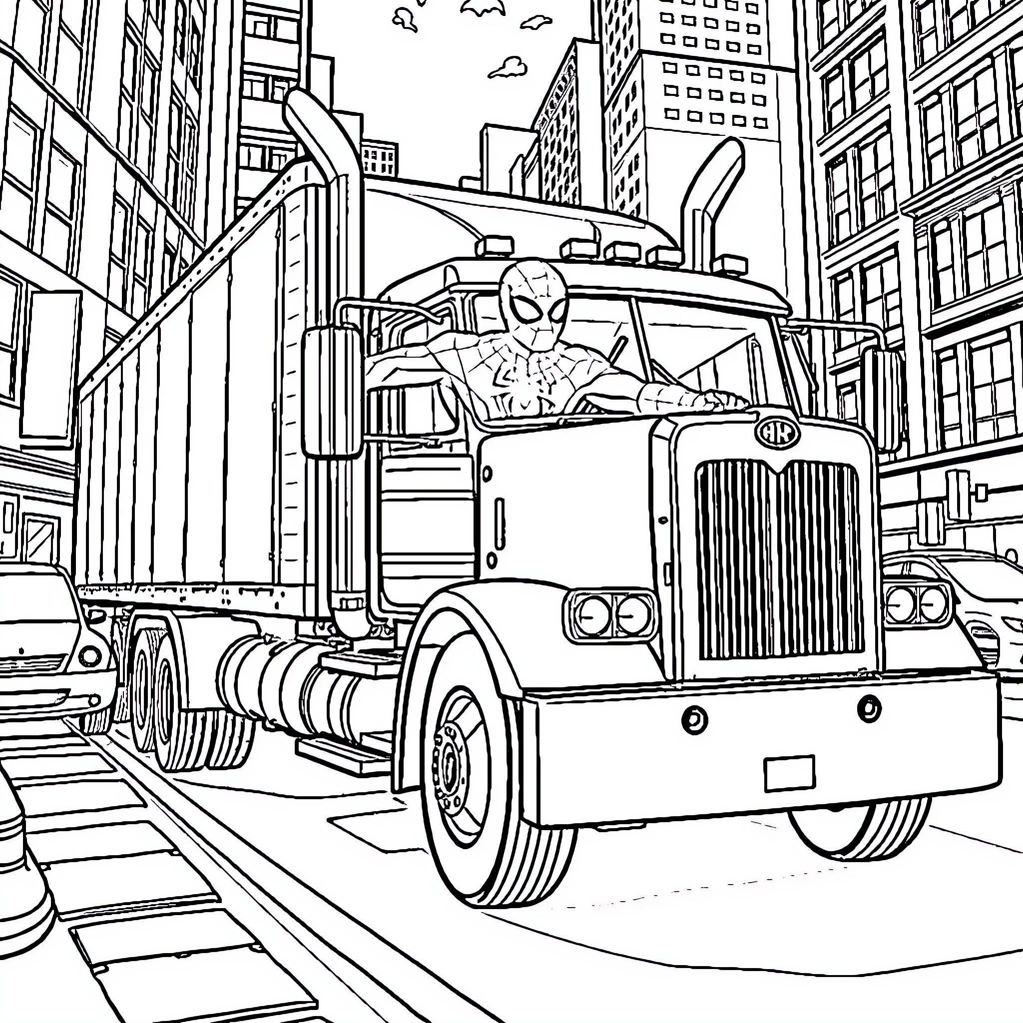 Spiderman saving the city from behind the wheel Coloring Page (free black-and-white line drawing printable PDF for all, from beginners to advanced learners, including children, teens, adults, and seniors)