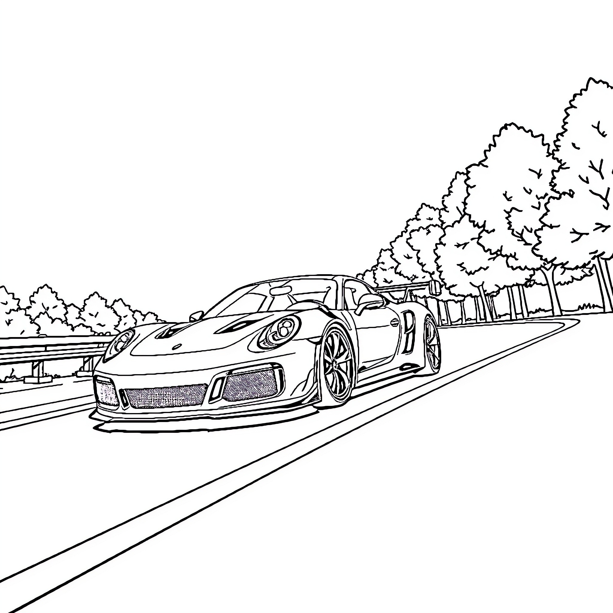 Car racing on scenic highway with trees Coloring Page (free black-and-white line drawing printable PDF for all, from beginners to advanced learners, including children, teens, adults, and seniors)