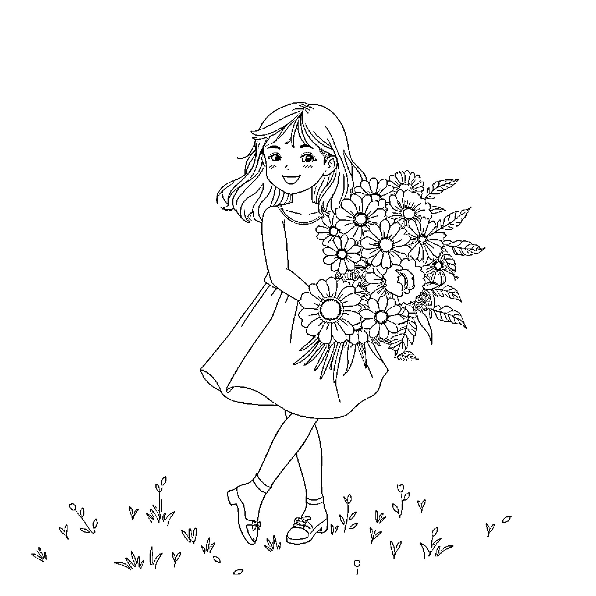 Girl Holding Cheerful Flower Bouquet in Field Coloring Page (free black-and-white line drawing printable PDF for all, from beginners to advanced learners, including children, teens, adults, and seniors)