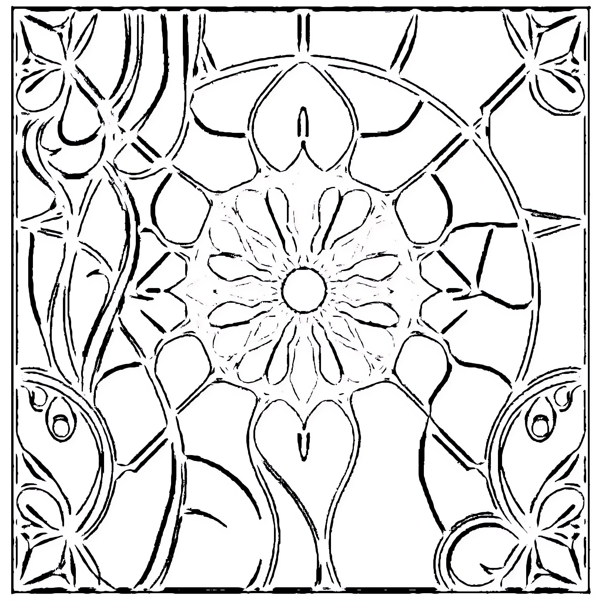 Stained Glass Floral Geometric Pattern Coloring Page (free black-and-white line drawing printable PDF for all, from beginners to advanced learners, including children, teens, adults, and seniors)