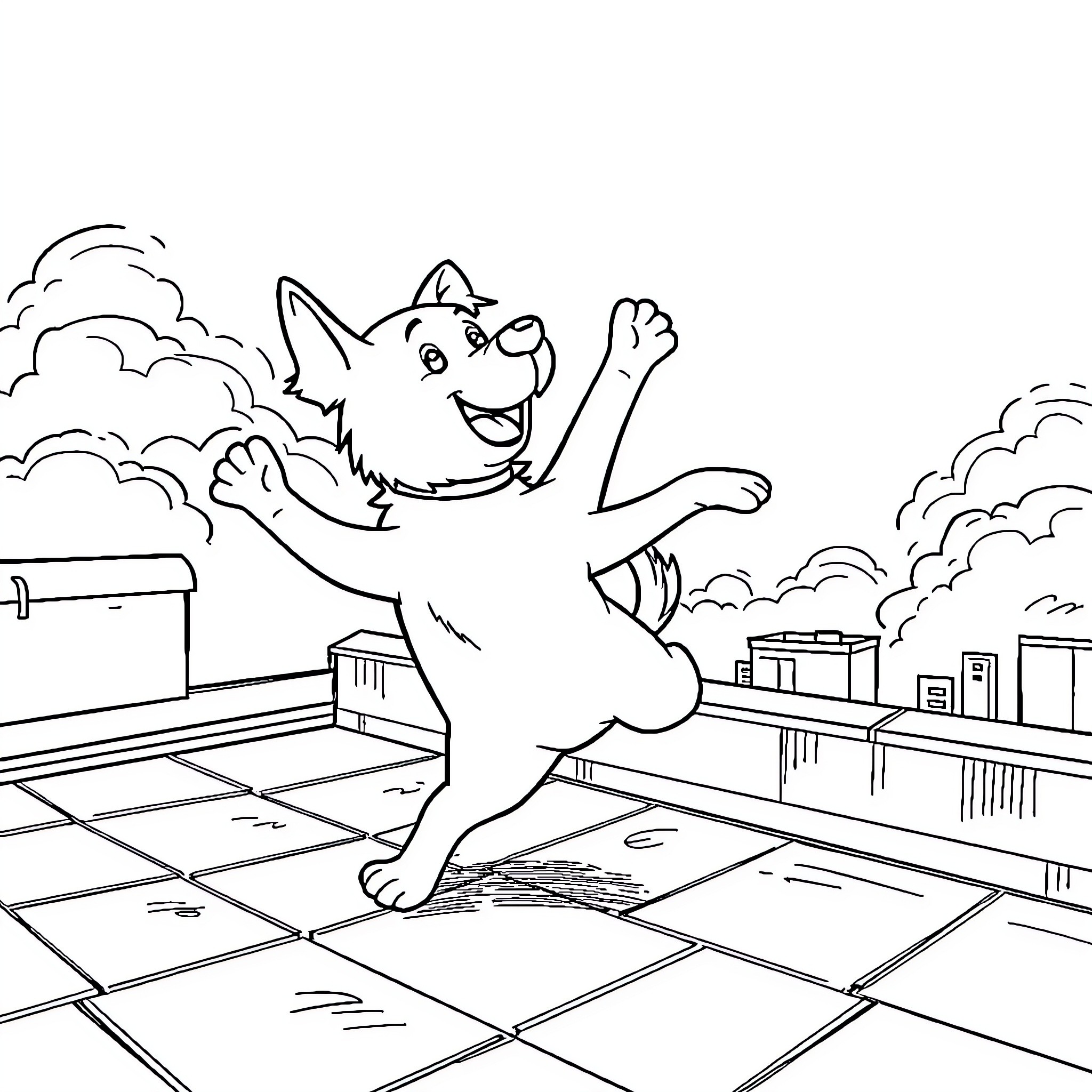 Dog joyfully jumping on rooftops Coloring Page (free black-and-white line drawing printable PDF for all, from beginners to advanced learners, including children, teens, adults, and seniors)