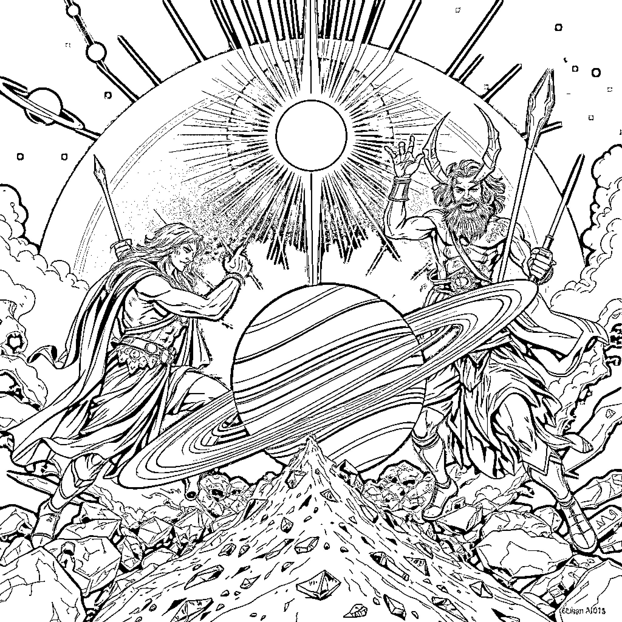 Saturn's Celestial Dance in the Cosmic Realm Coloring Page (free black-and-white line drawing printable PDF for all, from beginners to advanced learners, including children, teens, adults, and seniors)