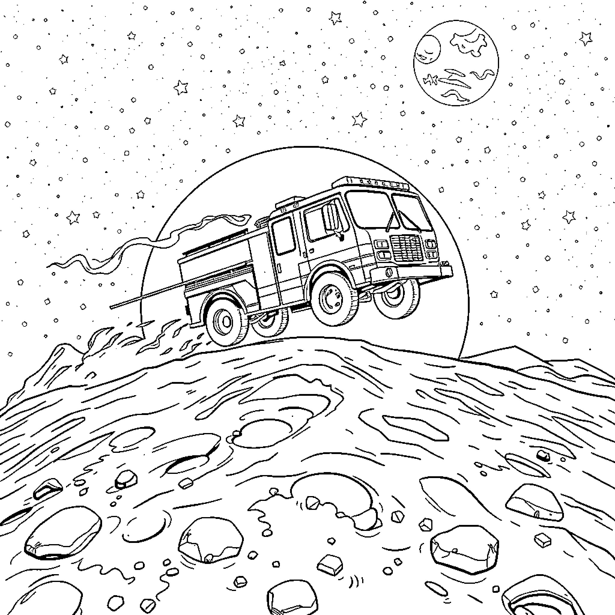 Flying Fire Truck Racing through the Stars Coloring Page (free black-and-white line drawing printable PDF for all, from beginners to advanced learners, including children, teens, adults, and seniors)