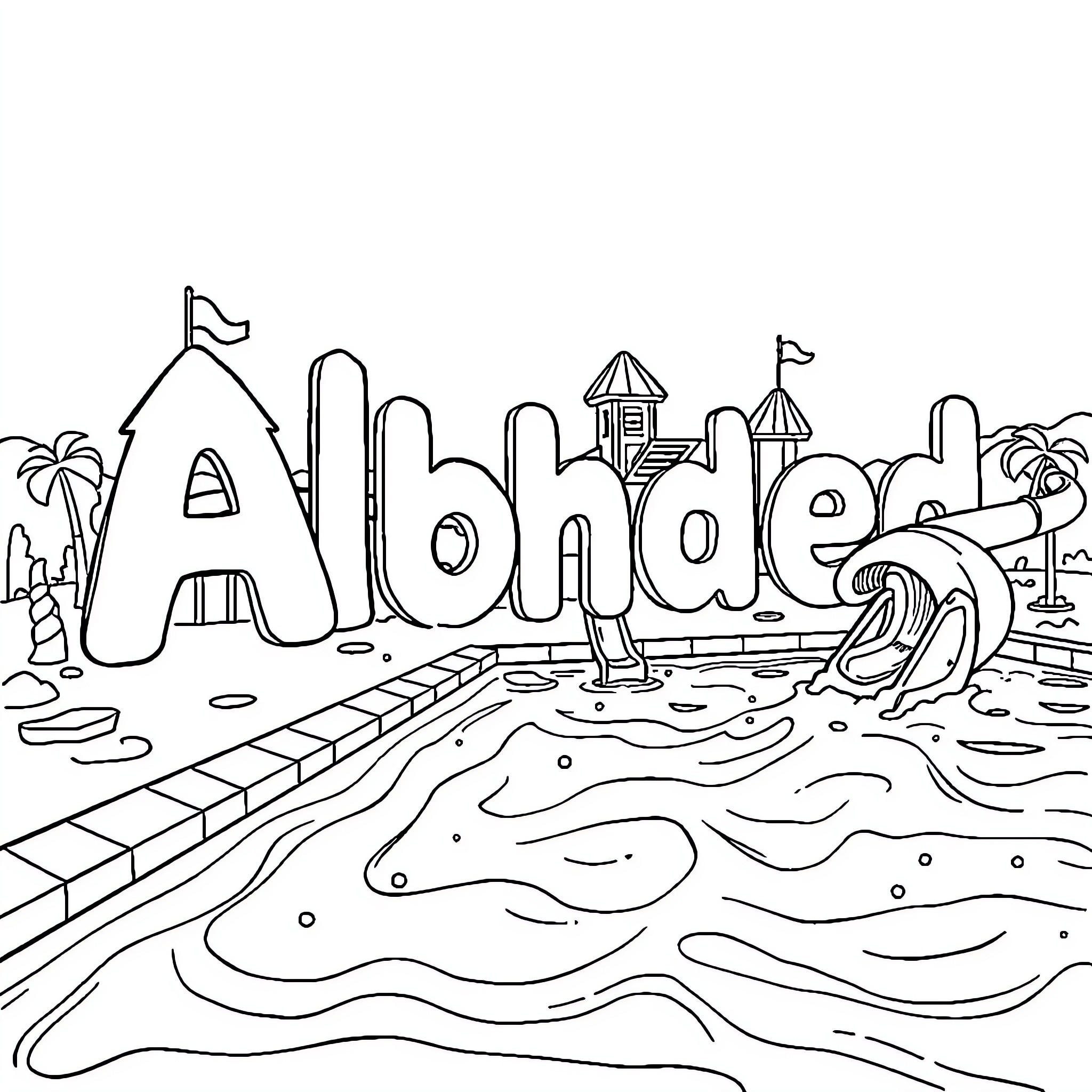 Alphabet landscape with seaside buildings and waves Coloring Page (free black-and-white line drawing printable PDF for all, from beginners to advanced learners, including children, teens, adults, and seniors)