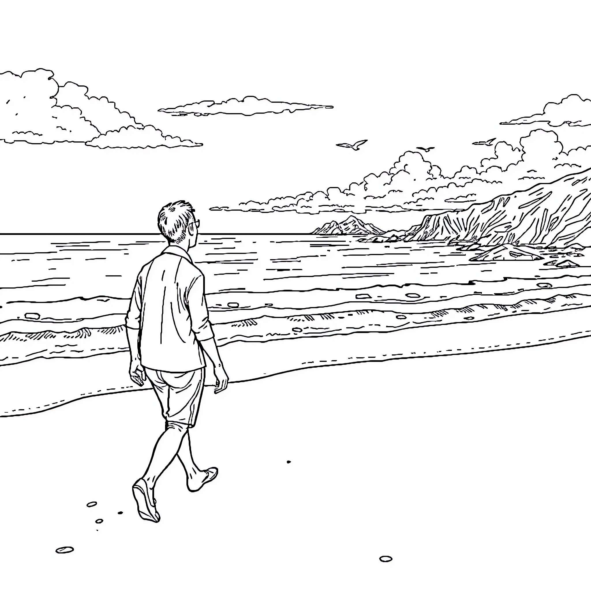 Wild Boar exploring the scenic coastal landscape Coloring Page (free black-and-white line drawing printable PDF for all, from beginners to advanced learners, including children, teens, adults, and seniors)