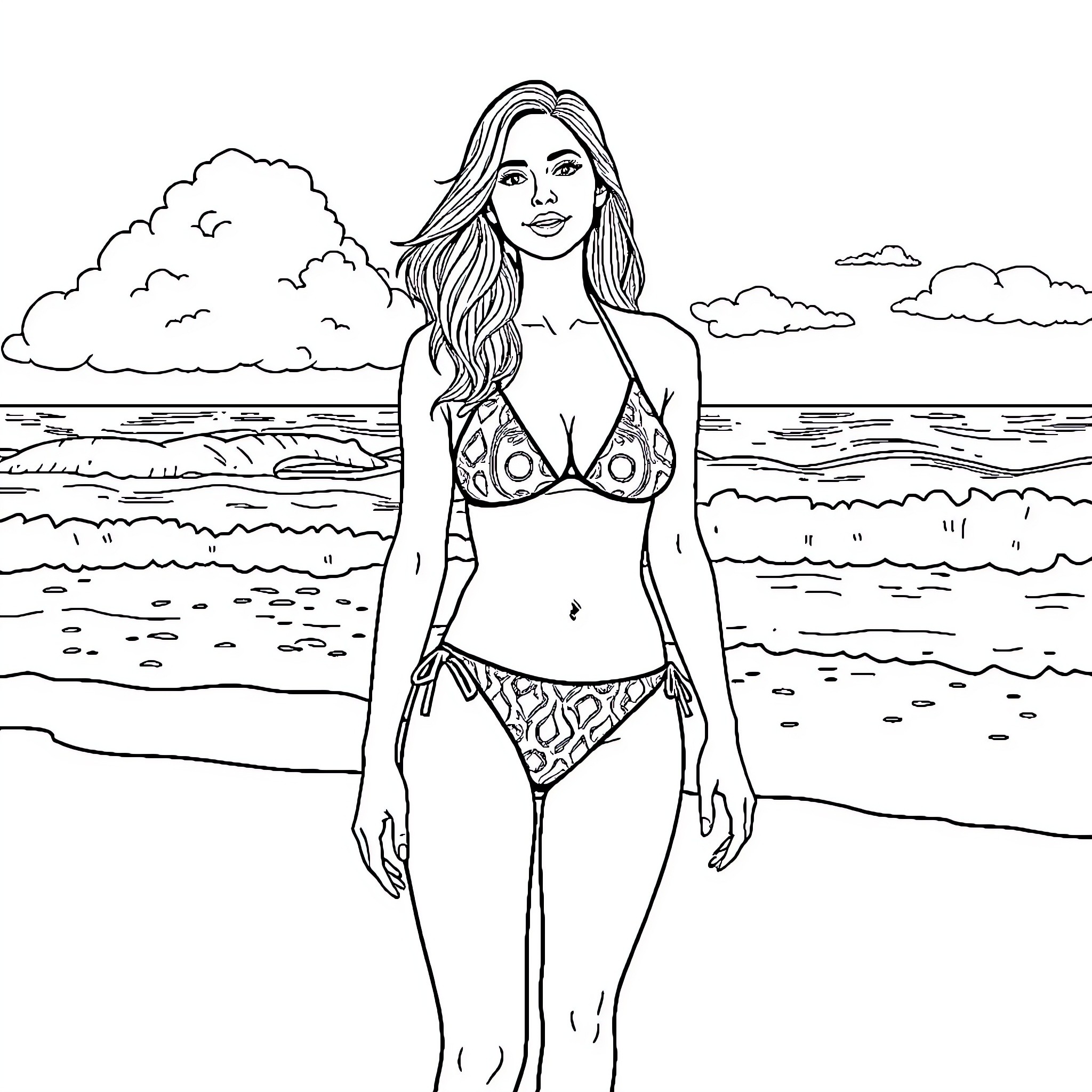 Leah Halton relaxing on the beach Coloring Page (free black-and-white line drawing printable PDF for all, from beginners to advanced learners, including children, teens, adults, and seniors)