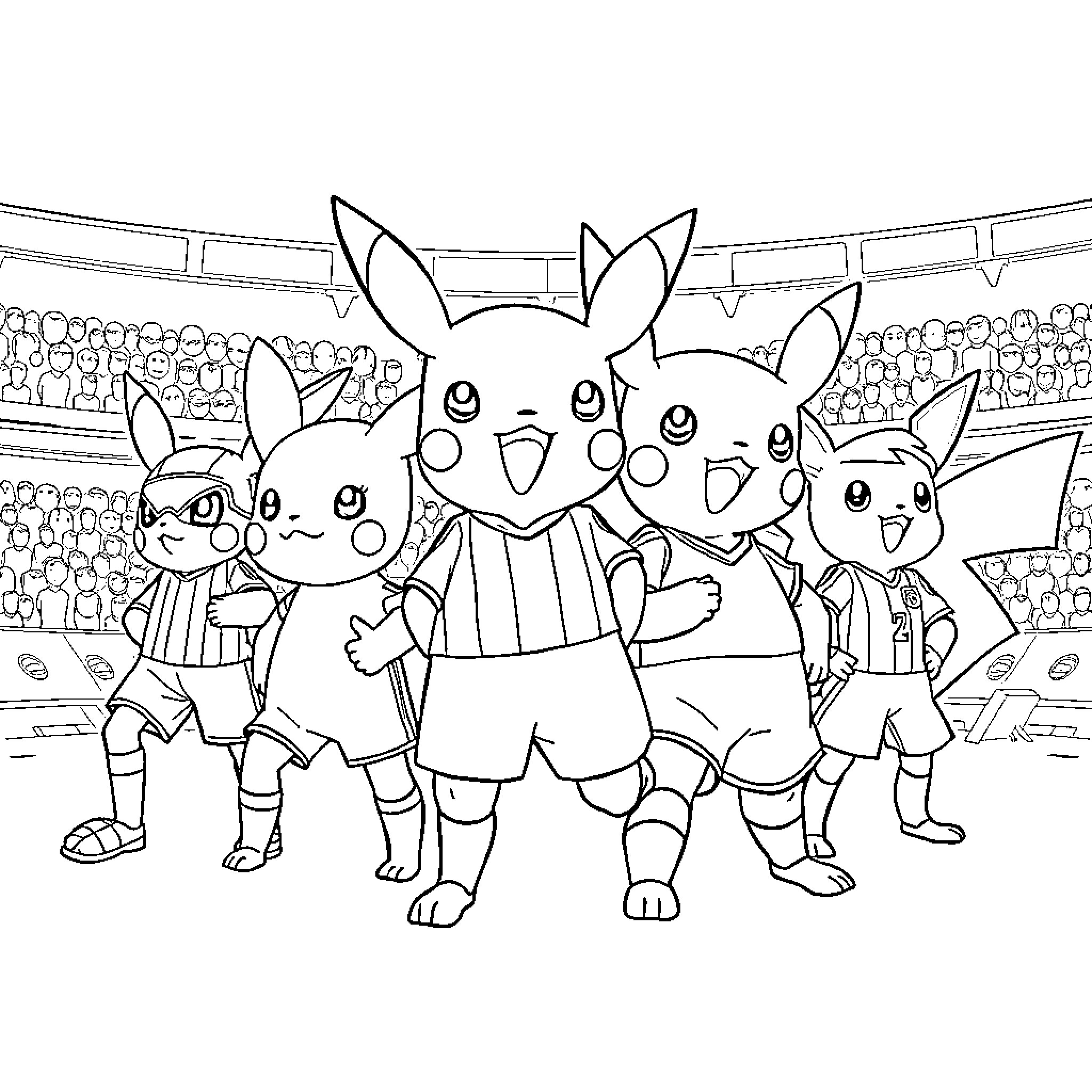 Pokémon characters playing soccer in stadium Coloring Page (free black-and-white line drawing printable PDF for all, from beginners to advanced learners, including children, teens, adults, and seniors)