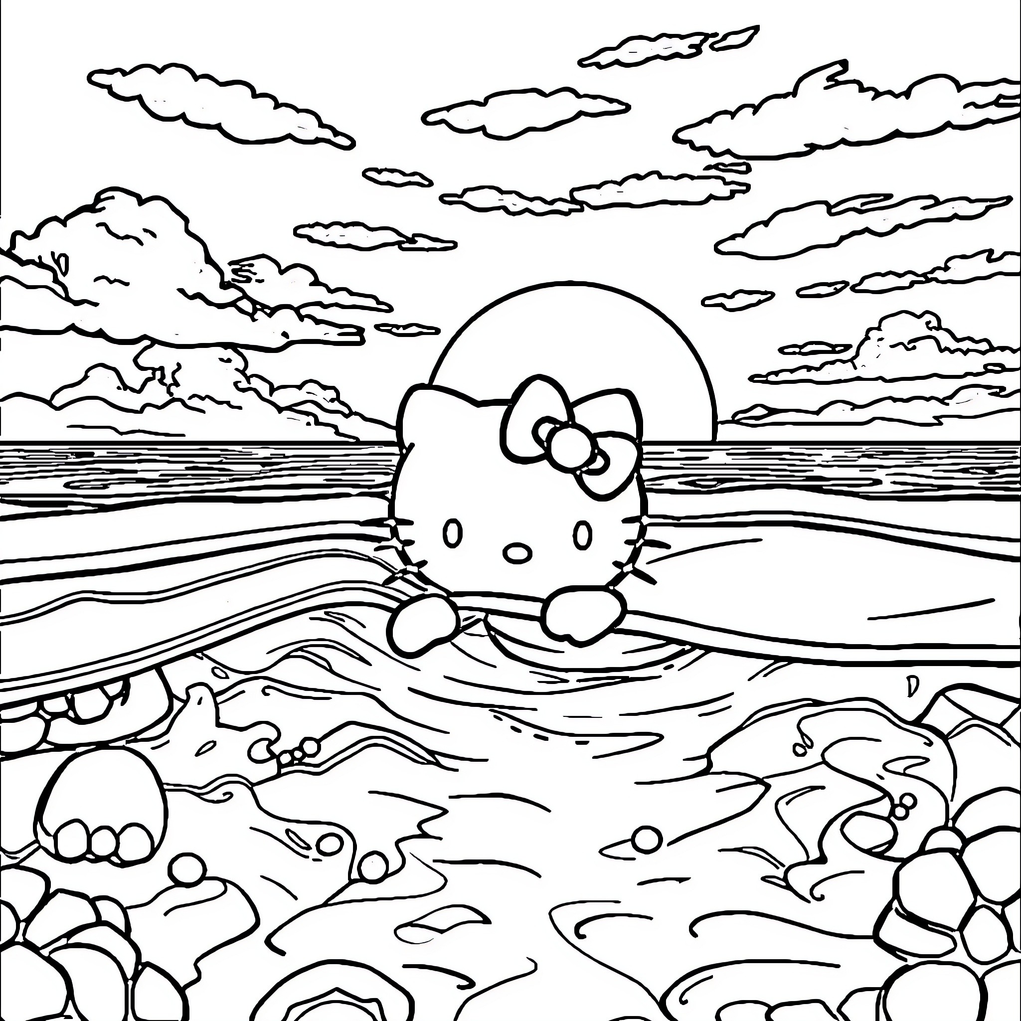 Hello Kitty swimming in a serene ocean landscape Coloring Page (free black-and-white line drawing printable PDF for all, from beginners to advanced learners, including children, teens, adults, and seniors)
