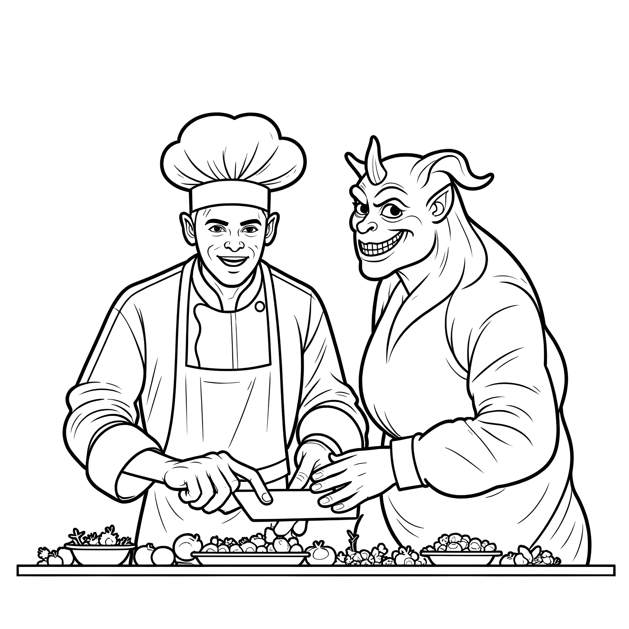 Chef Cooking with Smiling Demon in the Kitchen Coloring Page (free black-and-white line drawing printable PDF for all, from beginners to advanced learners, including children, teens, adults, and seniors)