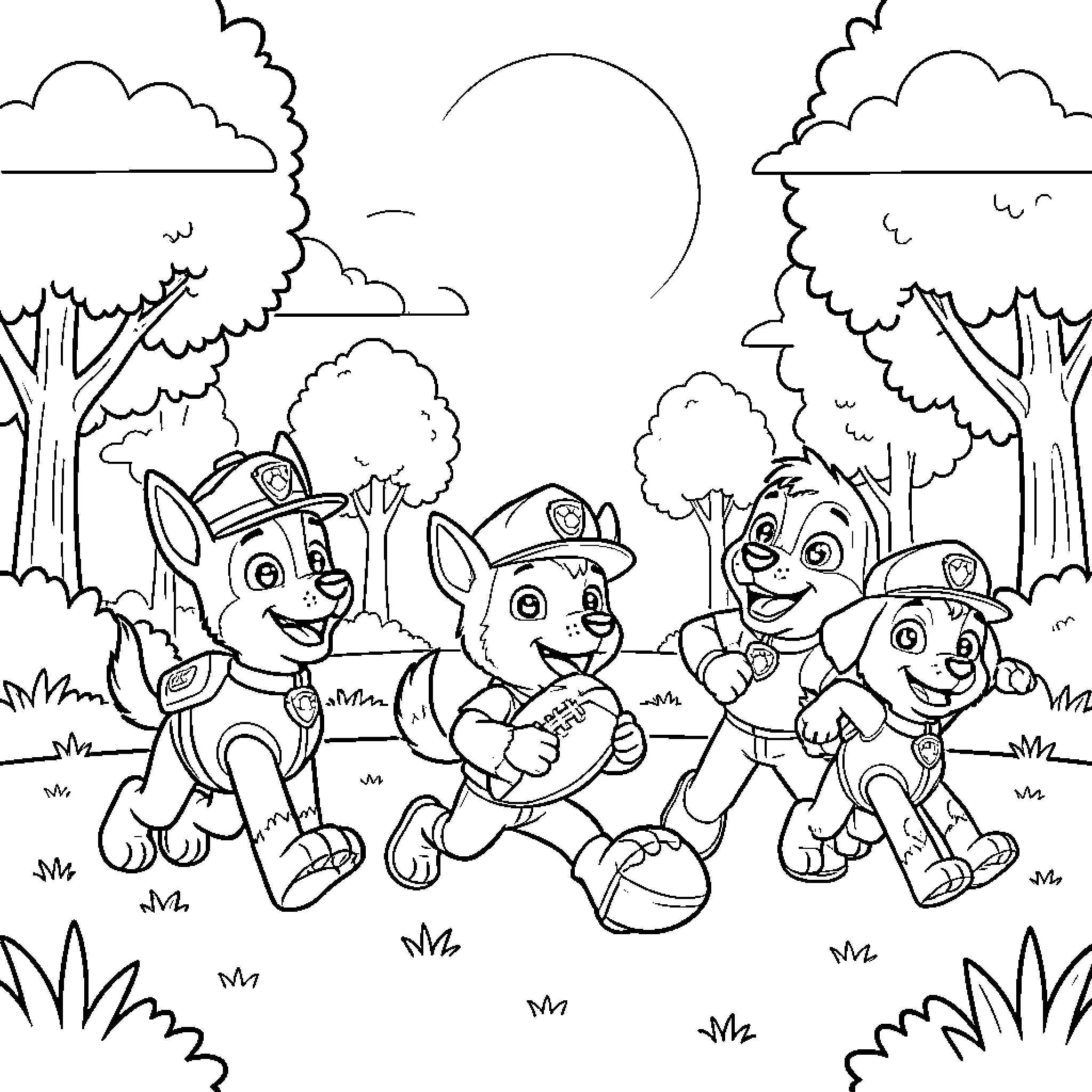 Paw Patrol pups running happily through a park Coloring Page (free black-and-white line drawing printable PDF for all, from beginners to advanced learners, including children, teens, adults, and seniors)