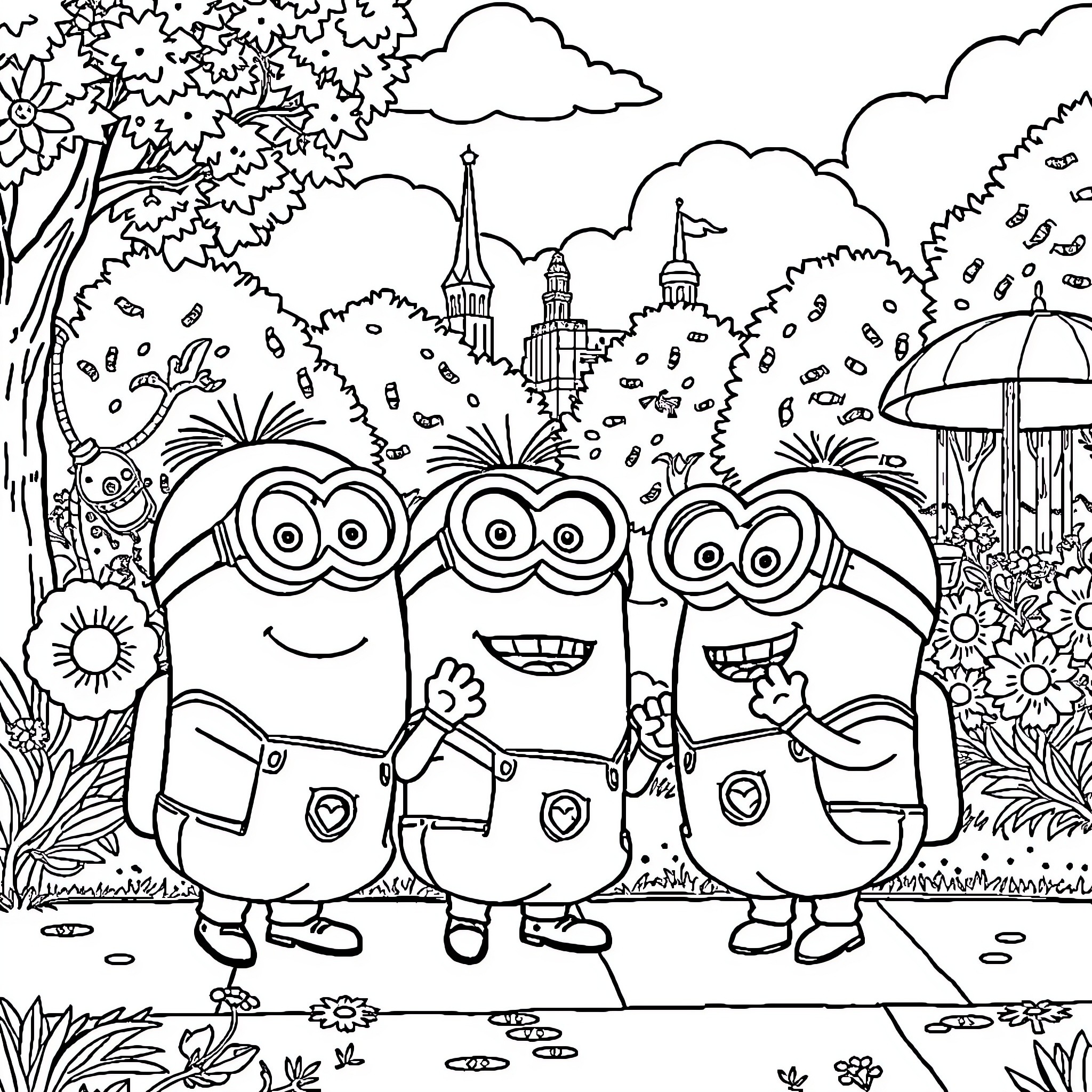 Minions in a whimsical cityscape Coloring Page (free black-and-white line drawing printable PDF for all, from beginners to advanced learners, including children, teens, adults, and seniors)