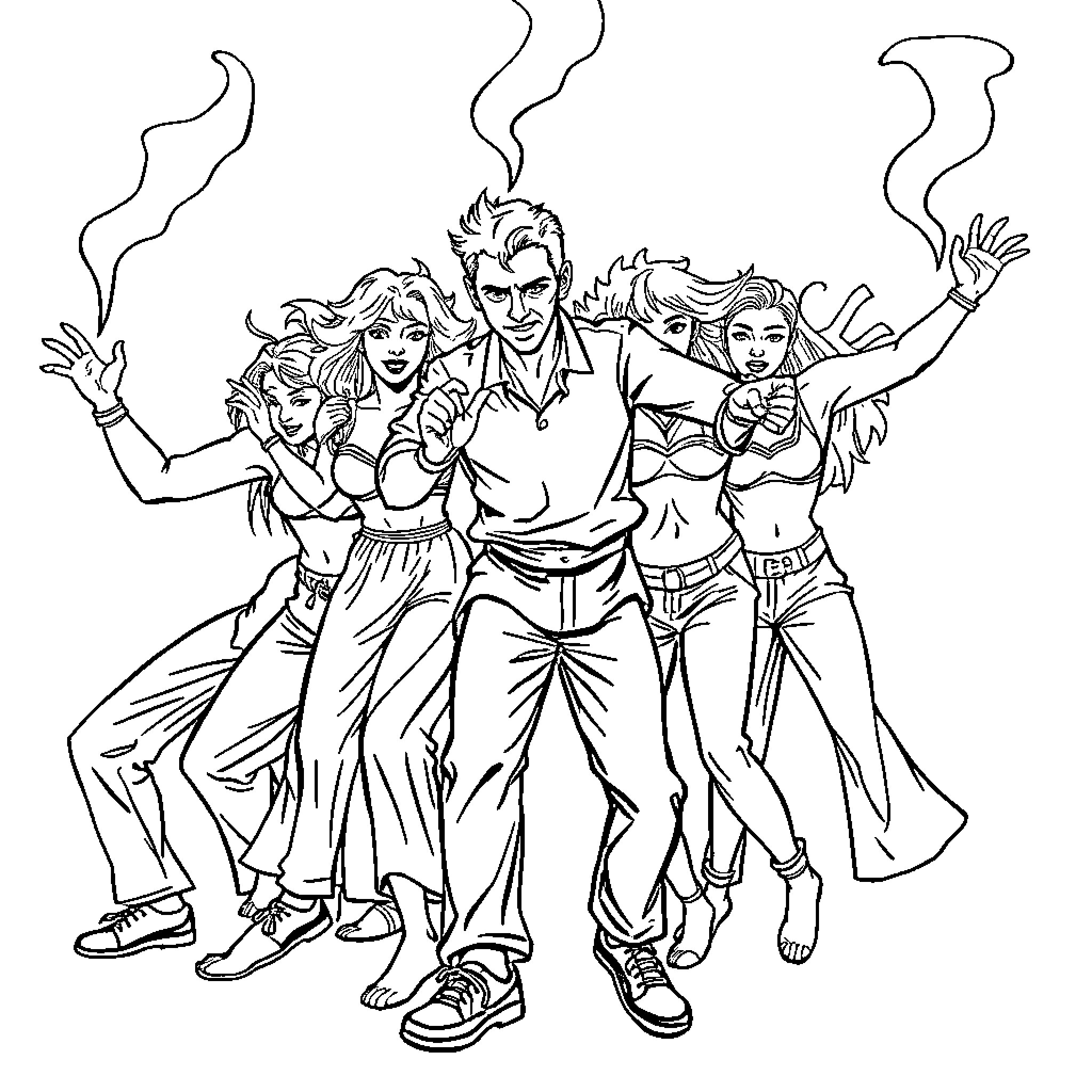 Dance of a Spirited Group Coloring Page (free black-and-white line drawing printable PDF for all, from beginners to advanced learners, including children, teens, adults, and seniors)