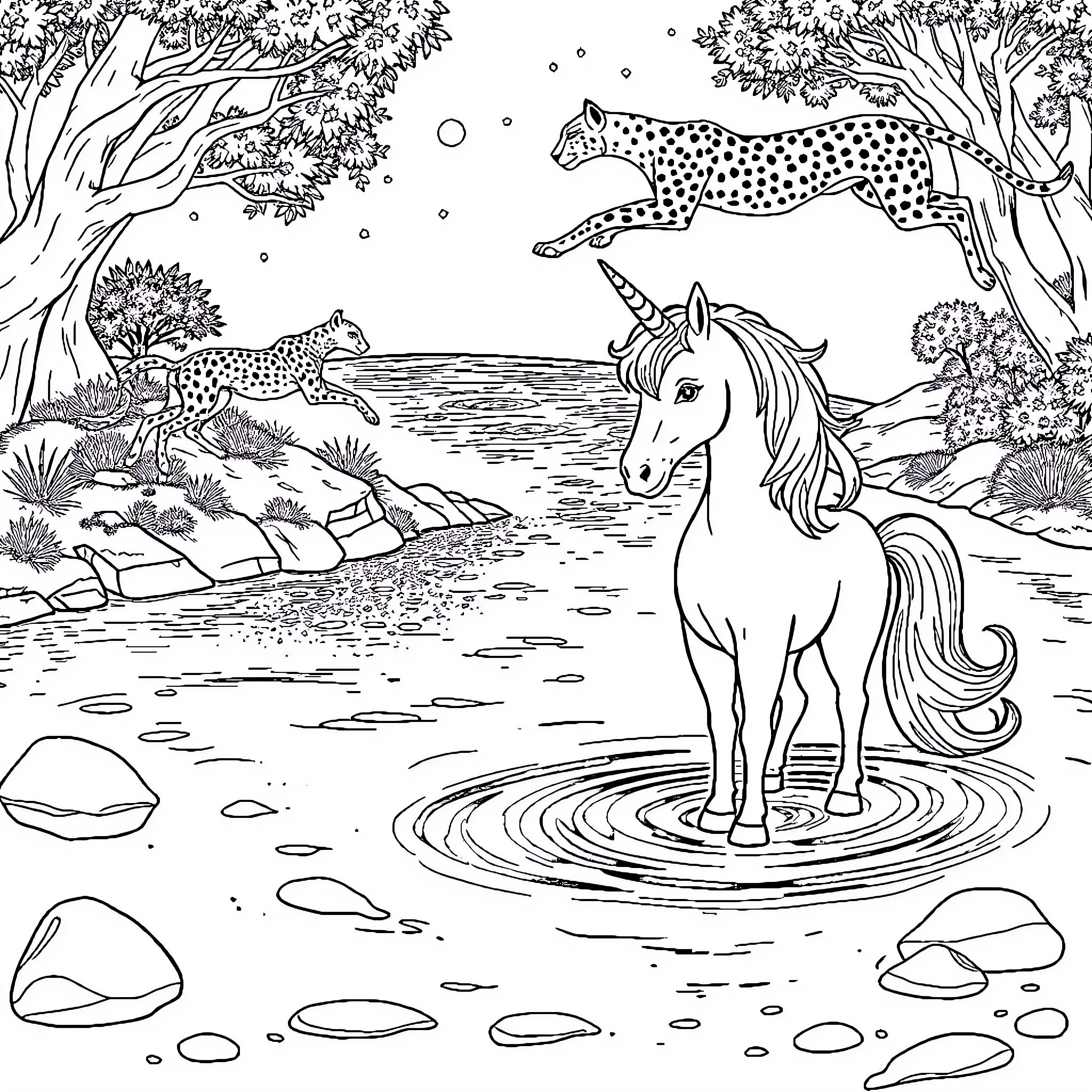 Unicorn standing in pool with cheetahs nearby Coloring Page (free black-and-white line drawing printable PDF for all, from beginners to advanced learners, including children, teens, adults, and seniors)