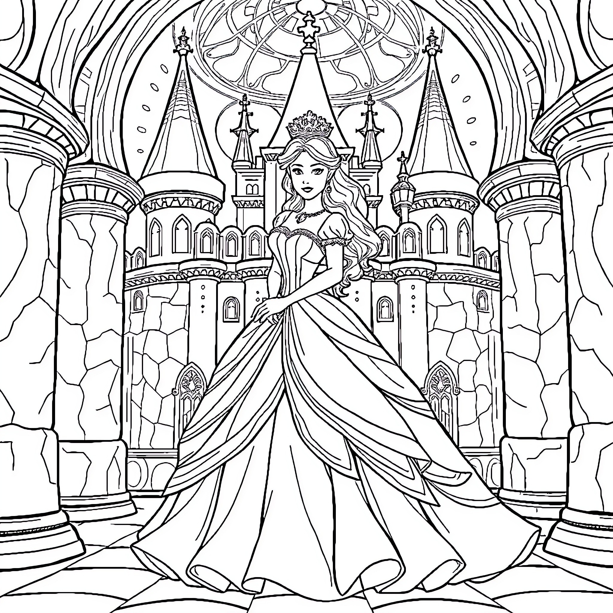 Princess in an Elegant Castle Ballroom Coloring Page (free black-and-white line drawing printable PDF for all, from beginners to advanced learners, including children, teens, adults, and seniors)
