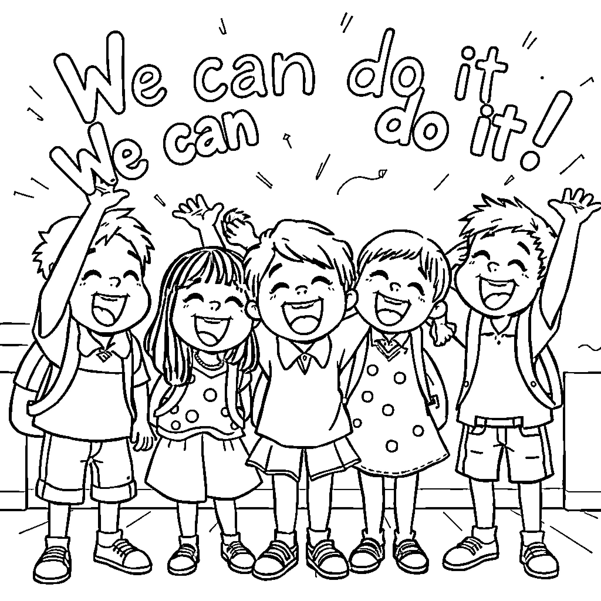 Kids celebrating and cheering 'We can do it!' Coloring Page (free black-and-white line drawing printable PDF for all, from beginners to advanced learners, including children, teens, adults, and seniors)