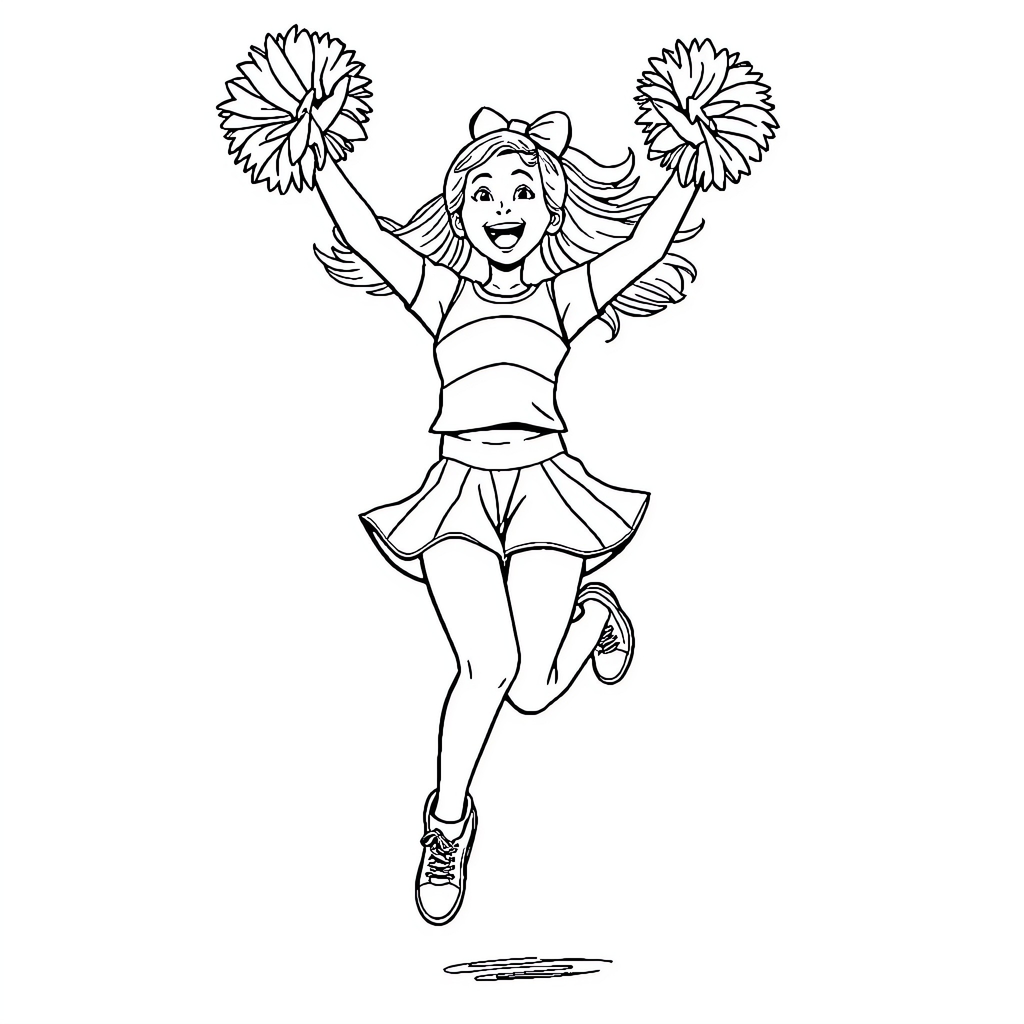 Cheerleader Jumping with Pom-Poms in Uniform Coloring Page (free black-and-white line drawing printable PDF for all, from beginners to advanced learners, including children, teens, adults, and seniors)