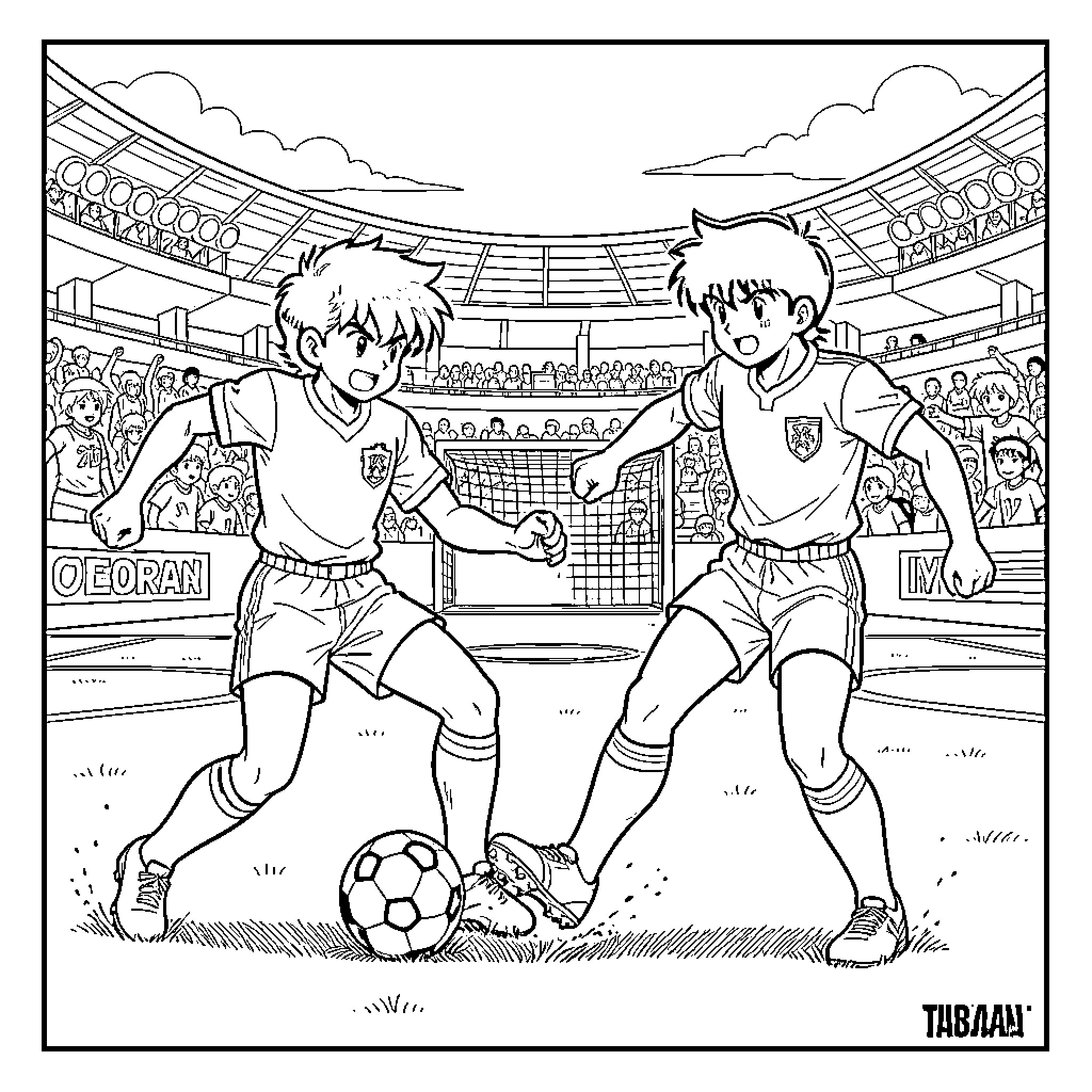 Captain Tsubasa characters competing in a soccer match Coloring Page (free black-and-white line drawing printable PDF for all, from beginners to advanced learners, including children, teens, adults, and seniors)