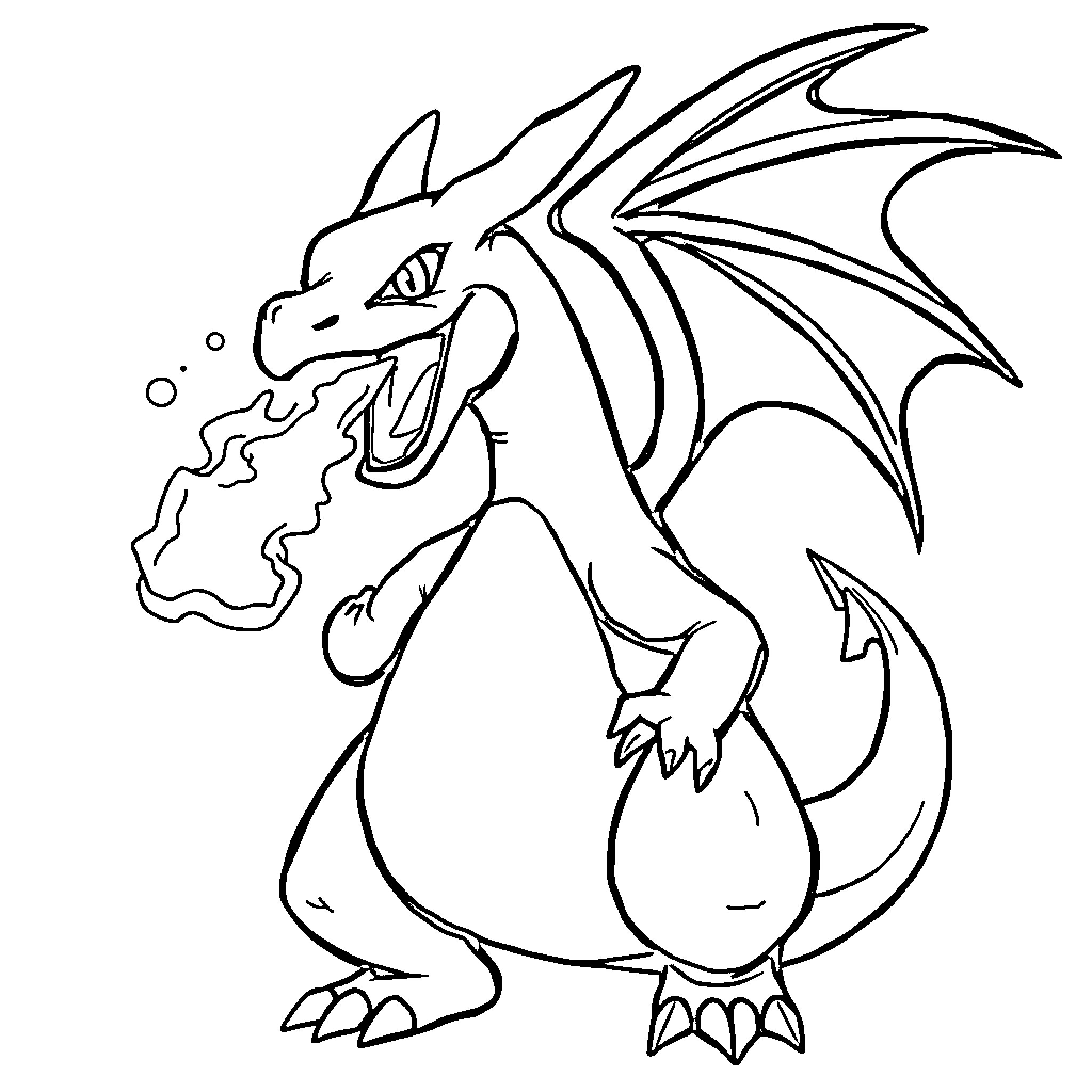 Charizard Breathing Flames Coloring Page (free black-and-white line drawing printable PDF for all, from beginners to advanced learners, including children, teens, adults, and seniors)