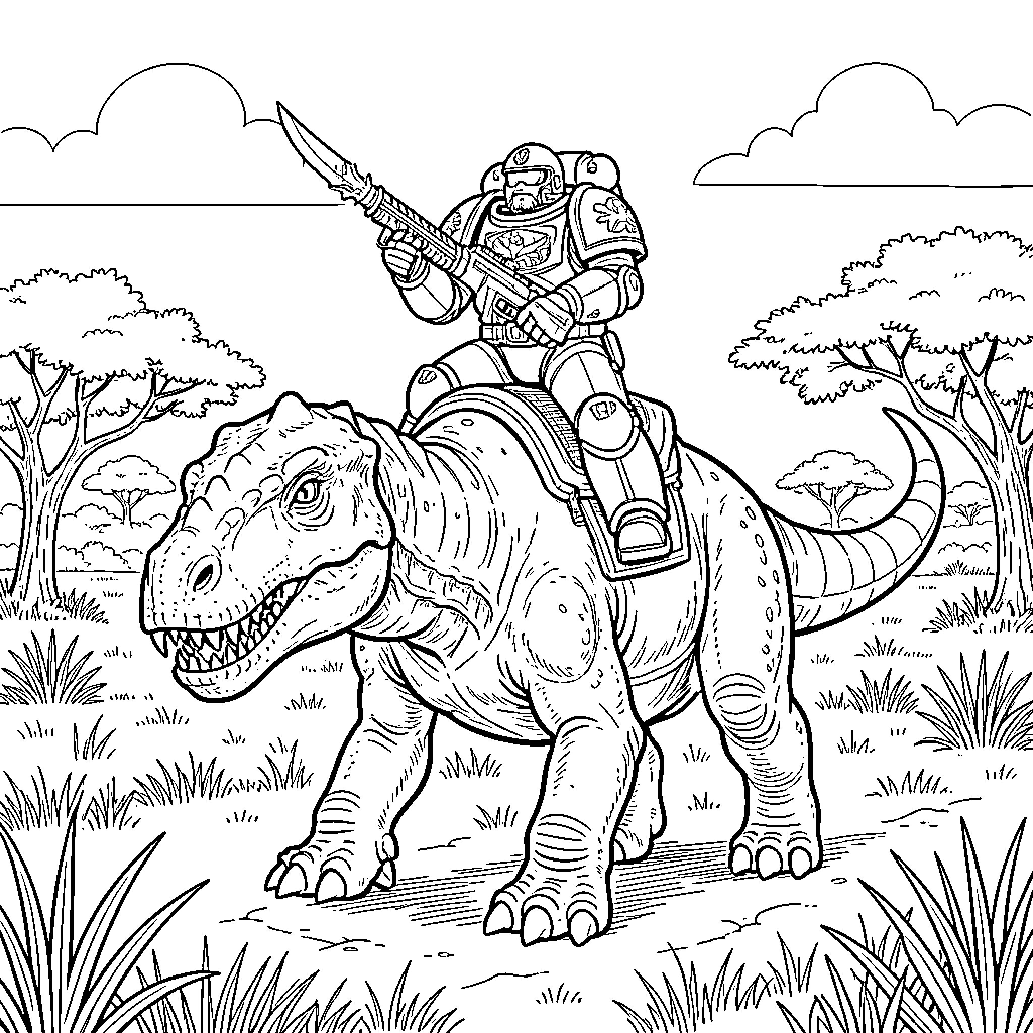 Ankylosaurus Warrior Riding into Battle Coloring Page (free black-and-white line drawing printable PDF for all, from beginners to advanced learners, including children, teens, adults, and seniors)