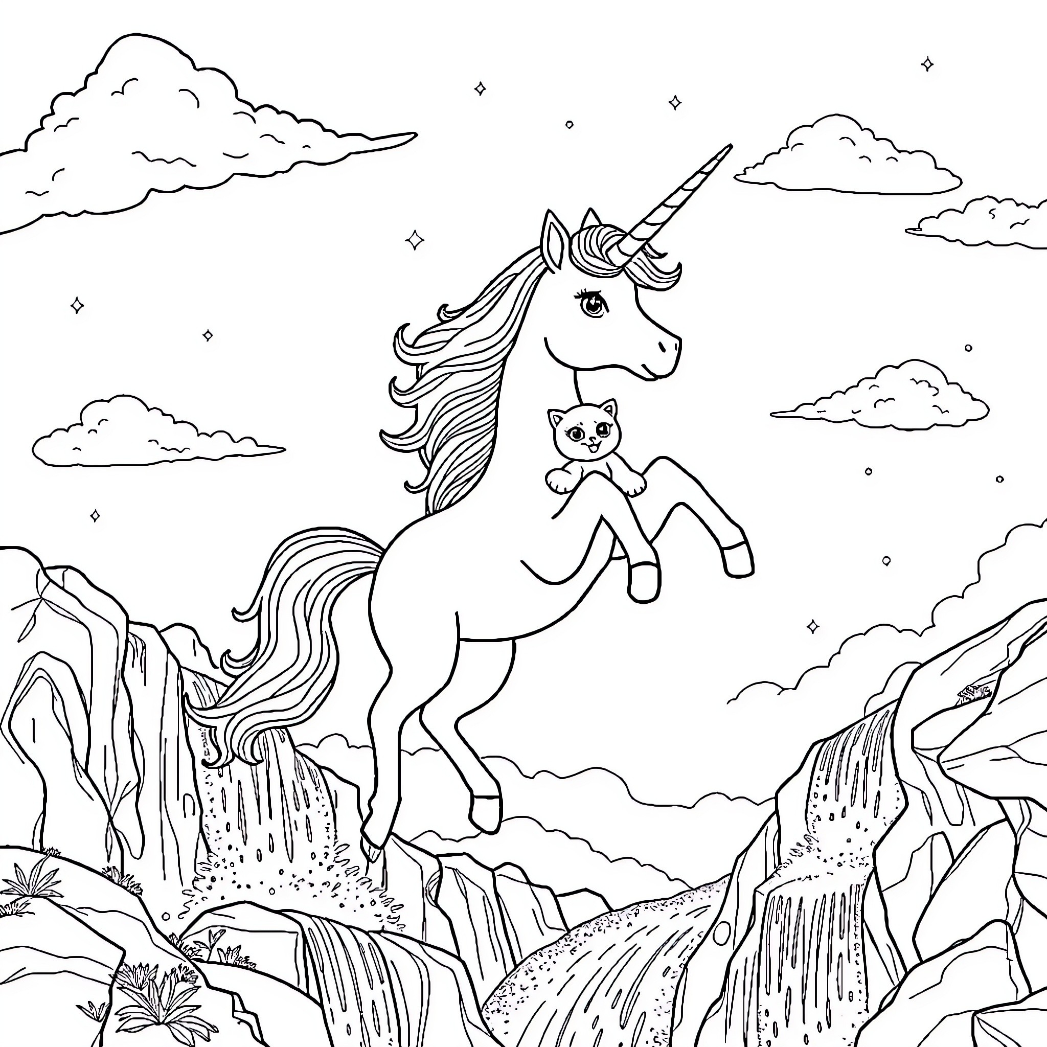 Unicorn and cat exploring enchanting landscape Coloring Page (free black-and-white line drawing printable PDF for all, from beginners to advanced learners, including children, teens, adults, and seniors)