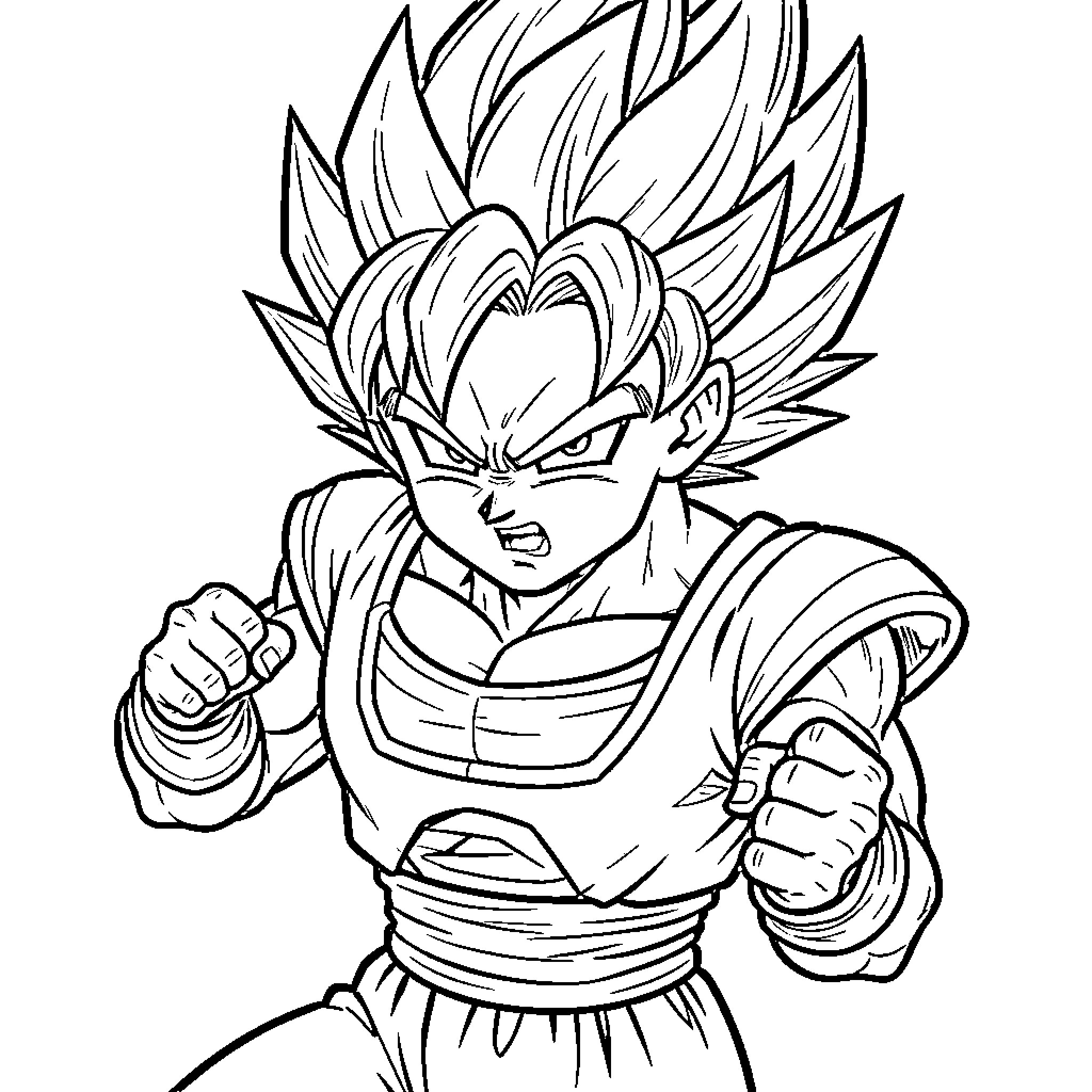 Vegeta in a powerful fighting stance with intense expression Coloring Page (free black-and-white line drawing printable PDF for all, from beginners to advanced learners, including children, teens, adults, and seniors)