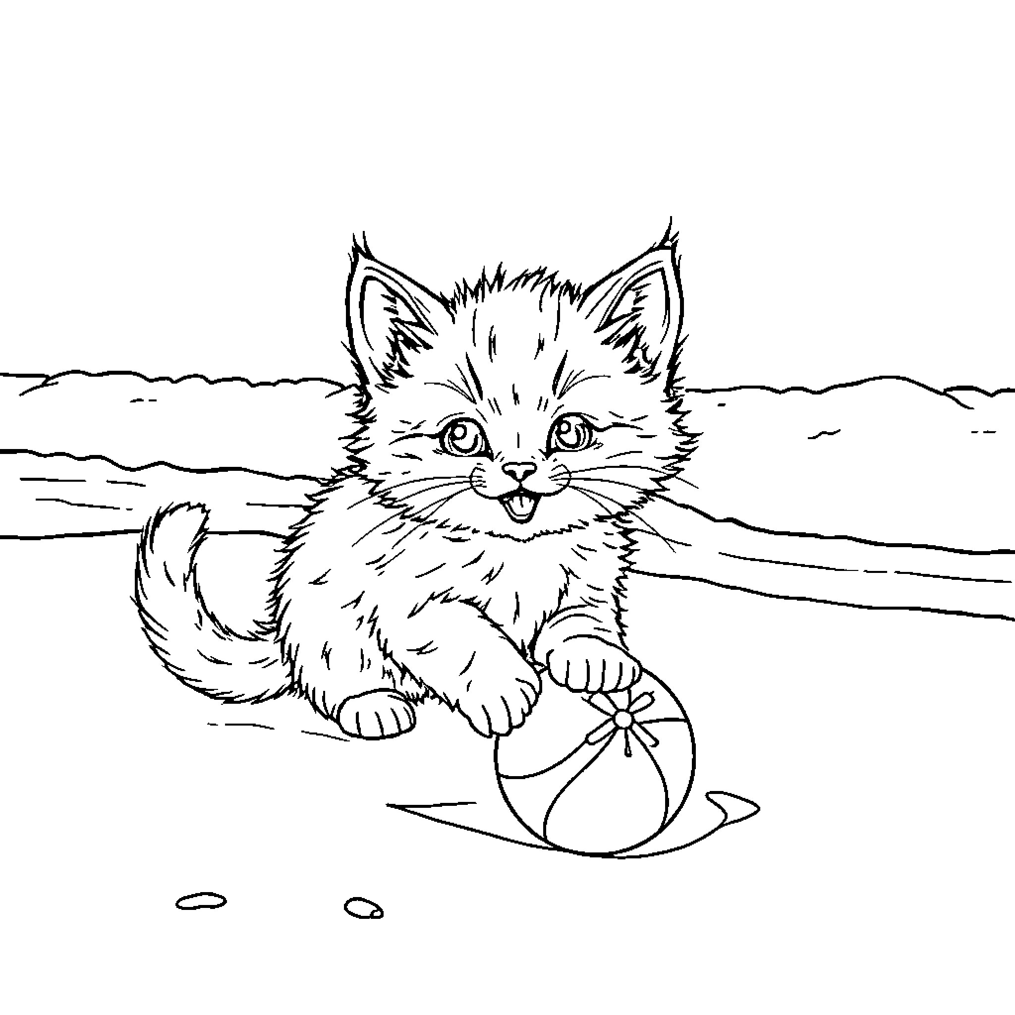 Kitten playing with beach ball on shore Coloring Page (free black-and-white line drawing printable PDF for all, from beginners to advanced learners, including children, teens, adults, and seniors)