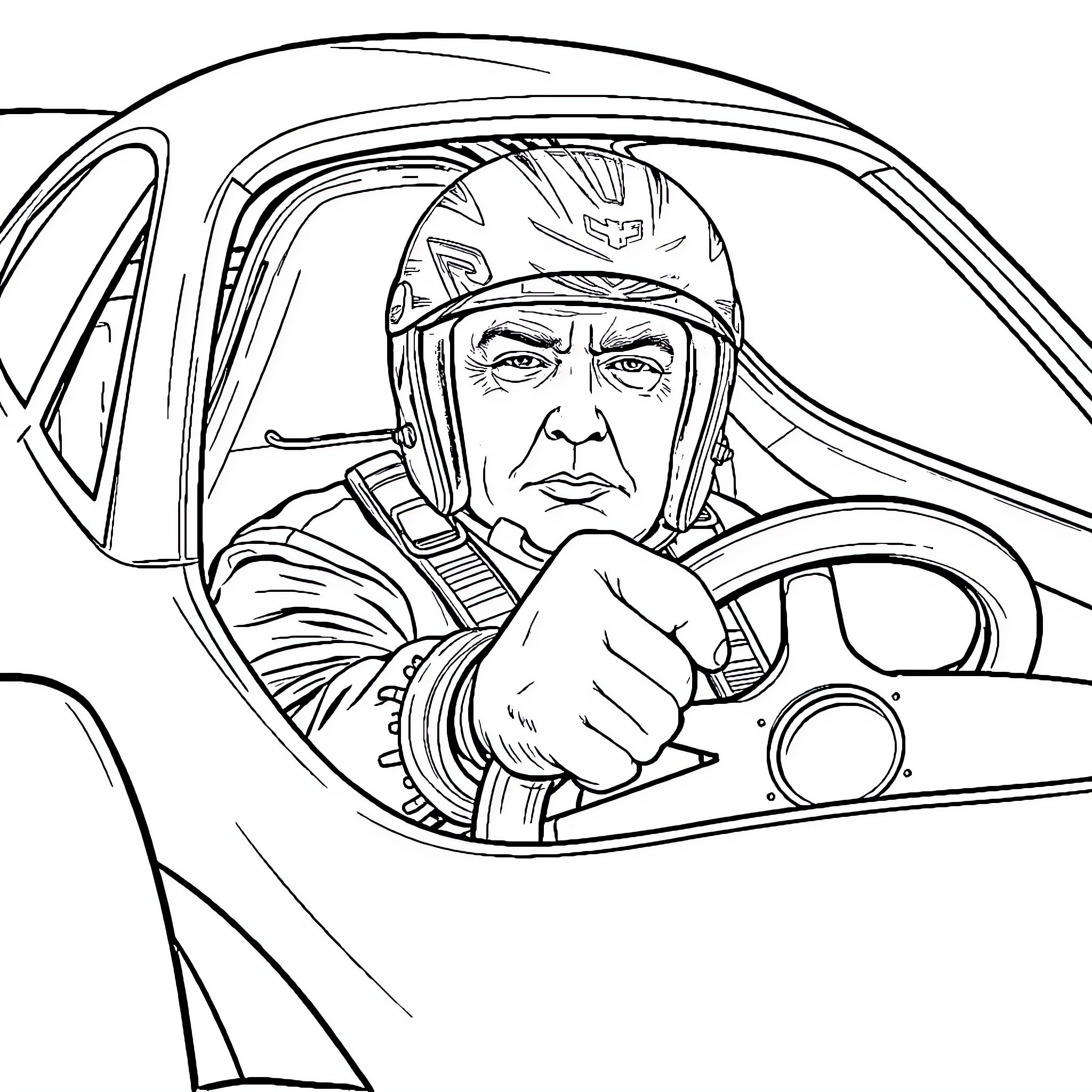 Donald Trump Racing in Motorsports Competition Coloring Page (free black-and-white line drawing printable PDF for all, from beginners to advanced learners, including children, teens, adults, and seniors)