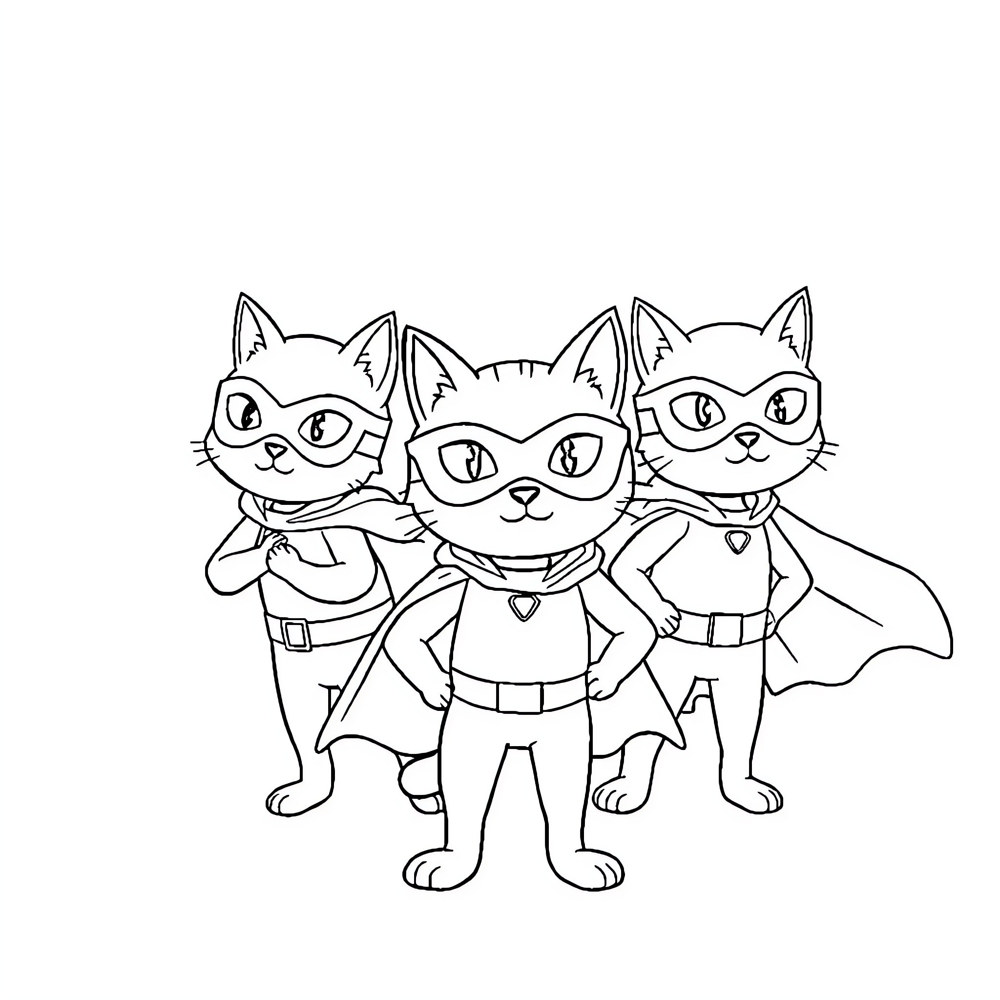 Cat Superheroes in Costume Coloring Page (free black-and-white line drawing printable PDF for all, from beginners to advanced learners, including children, teens, adults, and seniors)