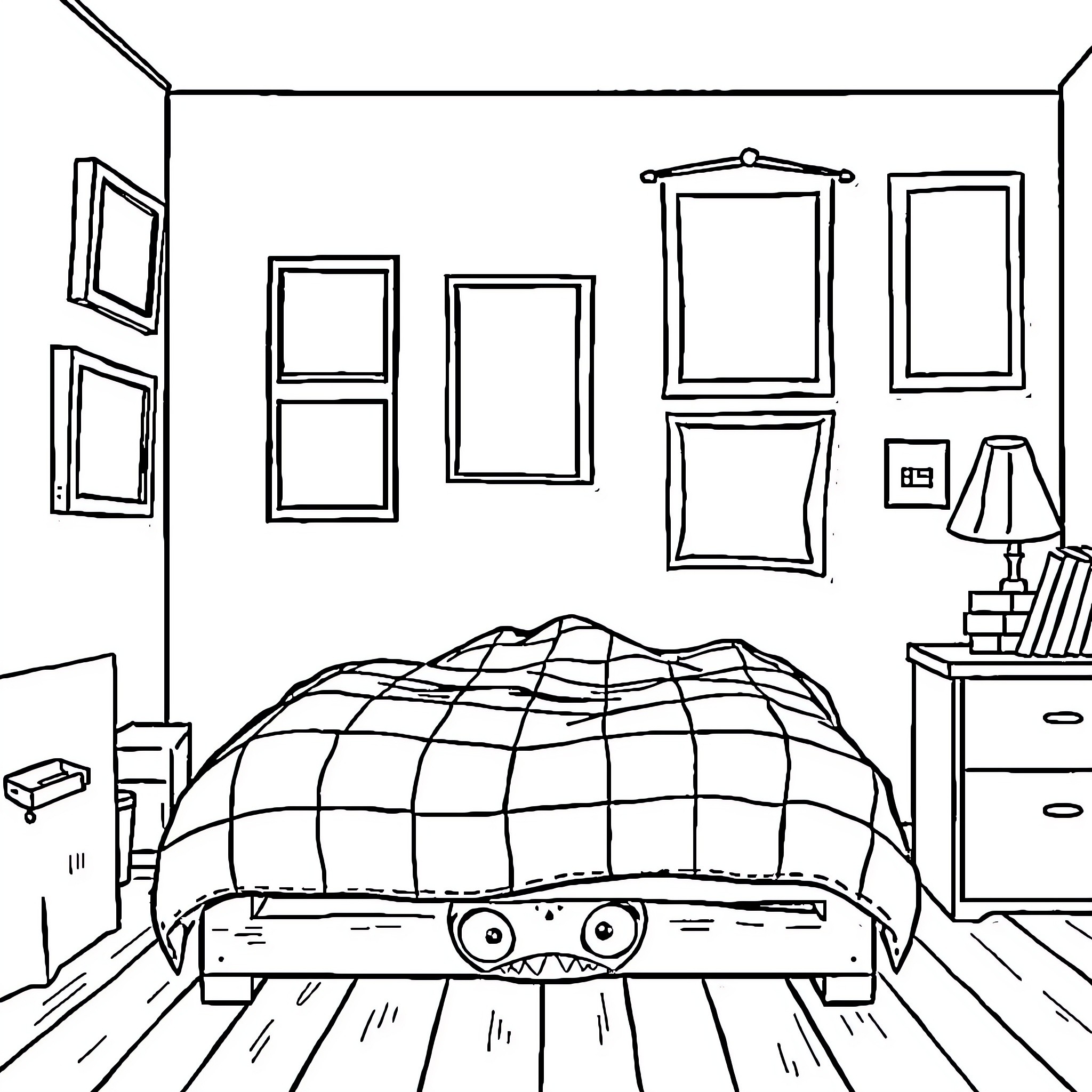 Kid's playful room with imaginative bedding Coloring Page (free black-and-white line drawing printable PDF for all, from beginners to advanced learners, including children, teens, adults, and seniors)