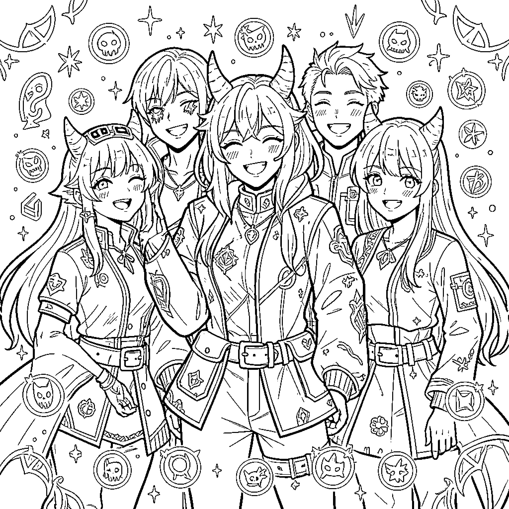 Kpop Demon Hunters Battling Supernatural Entities Coloring Page (free black-and-white line drawing printable PDF for all, from beginners to advanced learners, including children, teens, adults, and seniors)