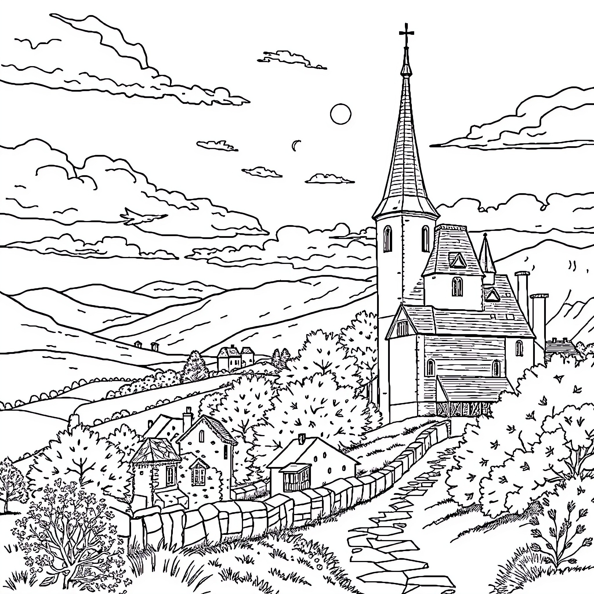 Predator's Castle in Serene Countryside Coloring Page (free black-and-white line drawing printable PDF for all, from beginners to advanced learners, including children, teens, adults, and seniors)