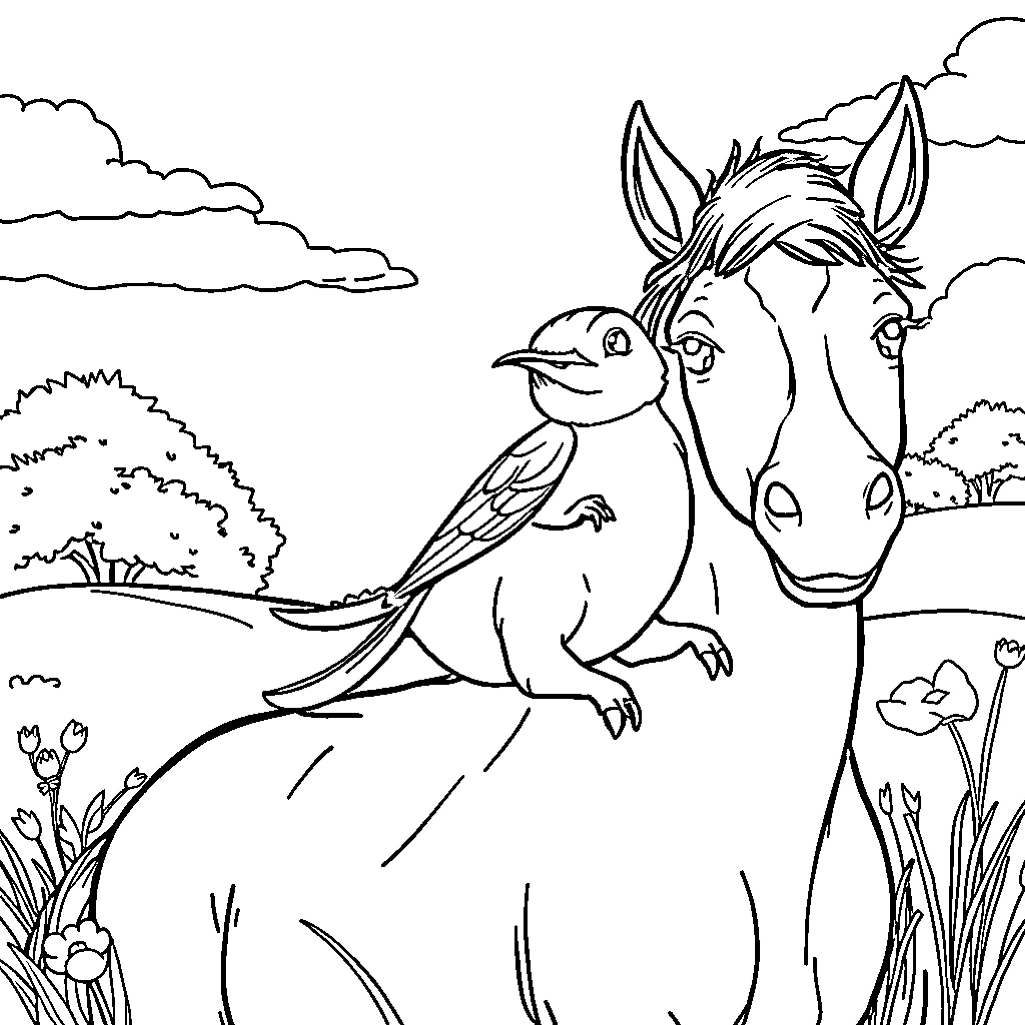 Perro enjoying a playful ride with bird friend Coloring Page (free black-and-white line drawing printable PDF for all, from beginners to advanced learners, including children, teens, adults, and seniors)