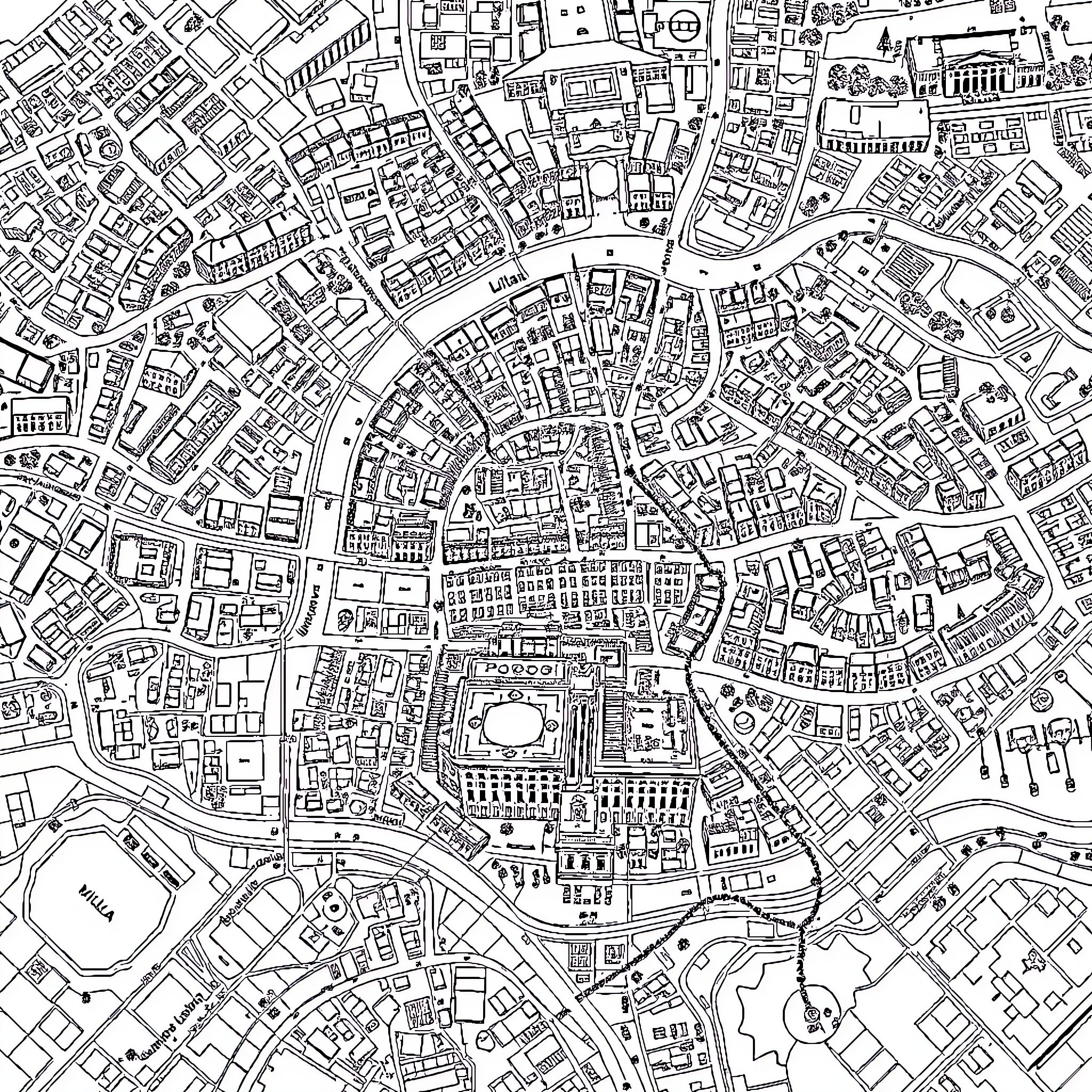 Milan City Detailed Architectural Cityscape Coloring Page (free black-and-white line drawing printable PDF for all, from beginners to advanced learners, including children, teens, adults, and seniors)