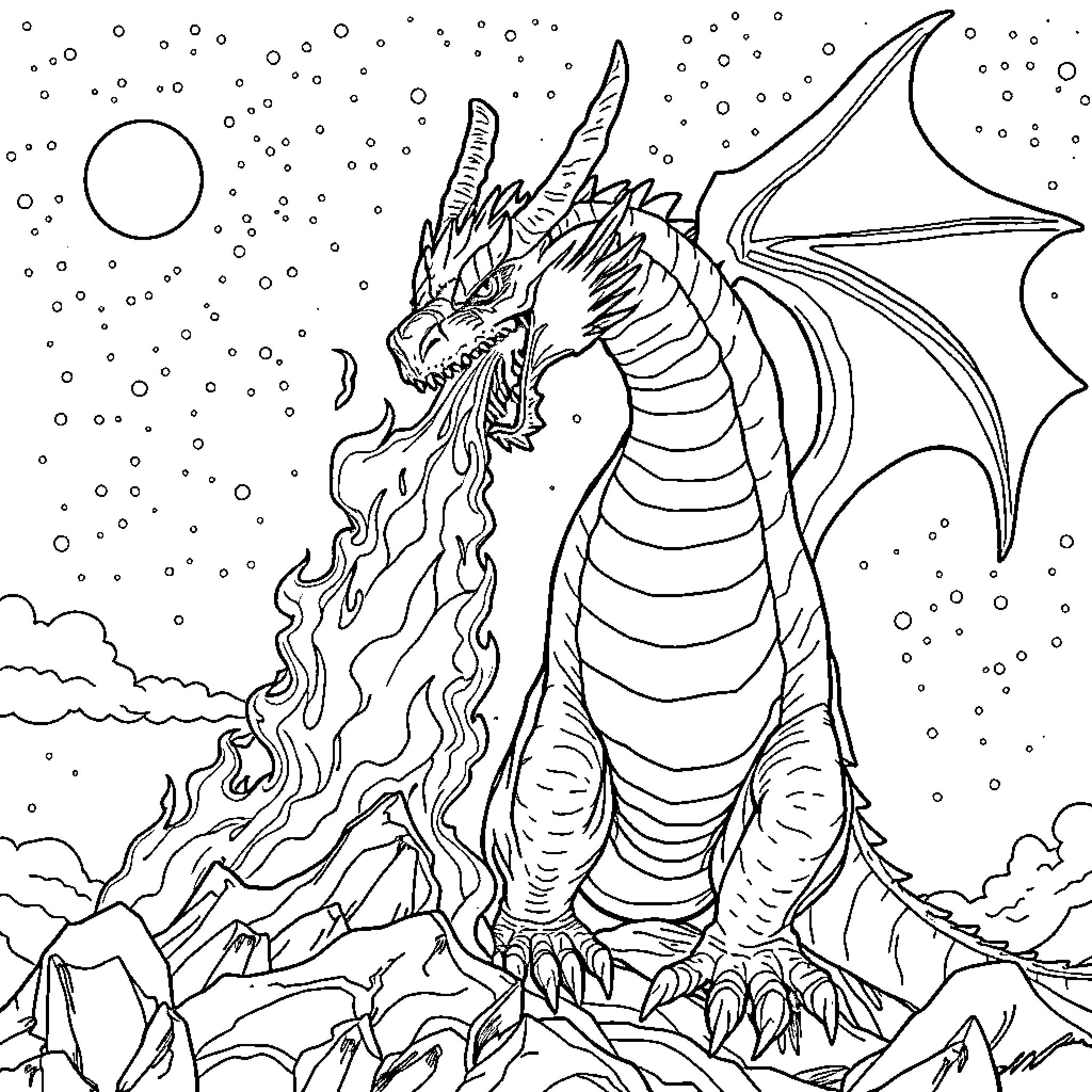 Dragon Soaring Through Starry Night Sky Coloring Page (free black-and-white line drawing printable PDF for all, from beginners to advanced learners, including children, teens, adults, and seniors)