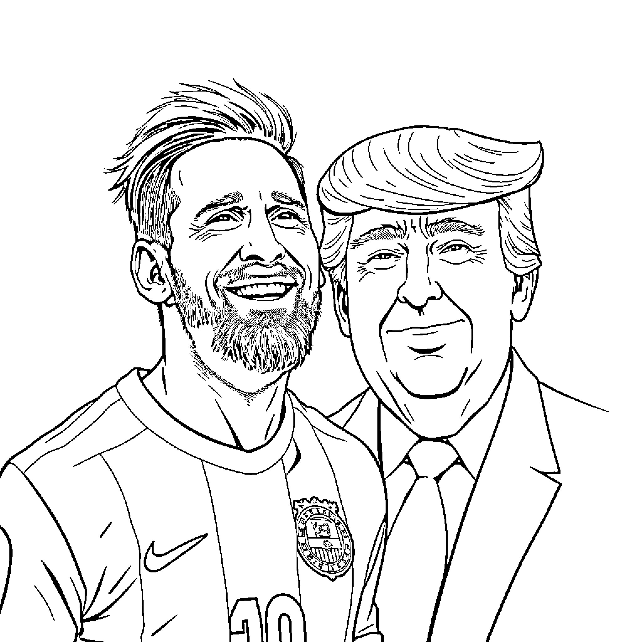 Lionel Messi and Donald Trump posing together Coloring Page (free black-and-white line drawing printable PDF for all, from beginners to advanced learners, including children, teens, adults, and seniors)