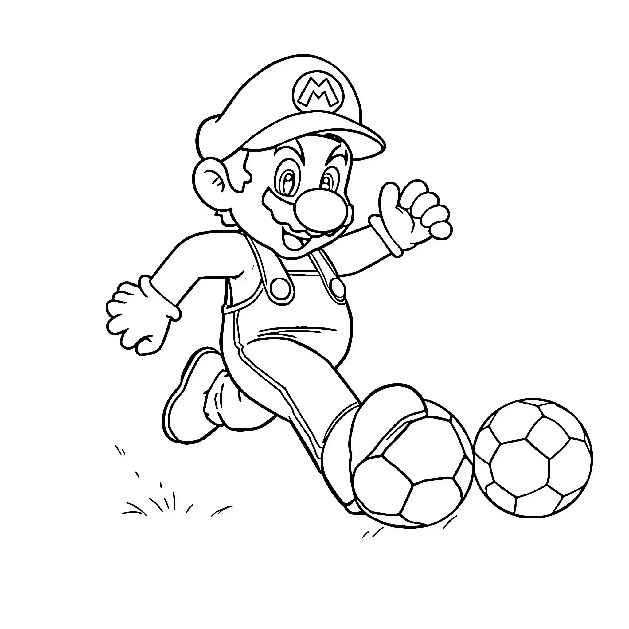 Super Mario kicking soccer balls happily Coloring Page (free black-and-white line drawing printable PDF for all, from beginners to advanced learners, including children, teens, adults, and seniors)