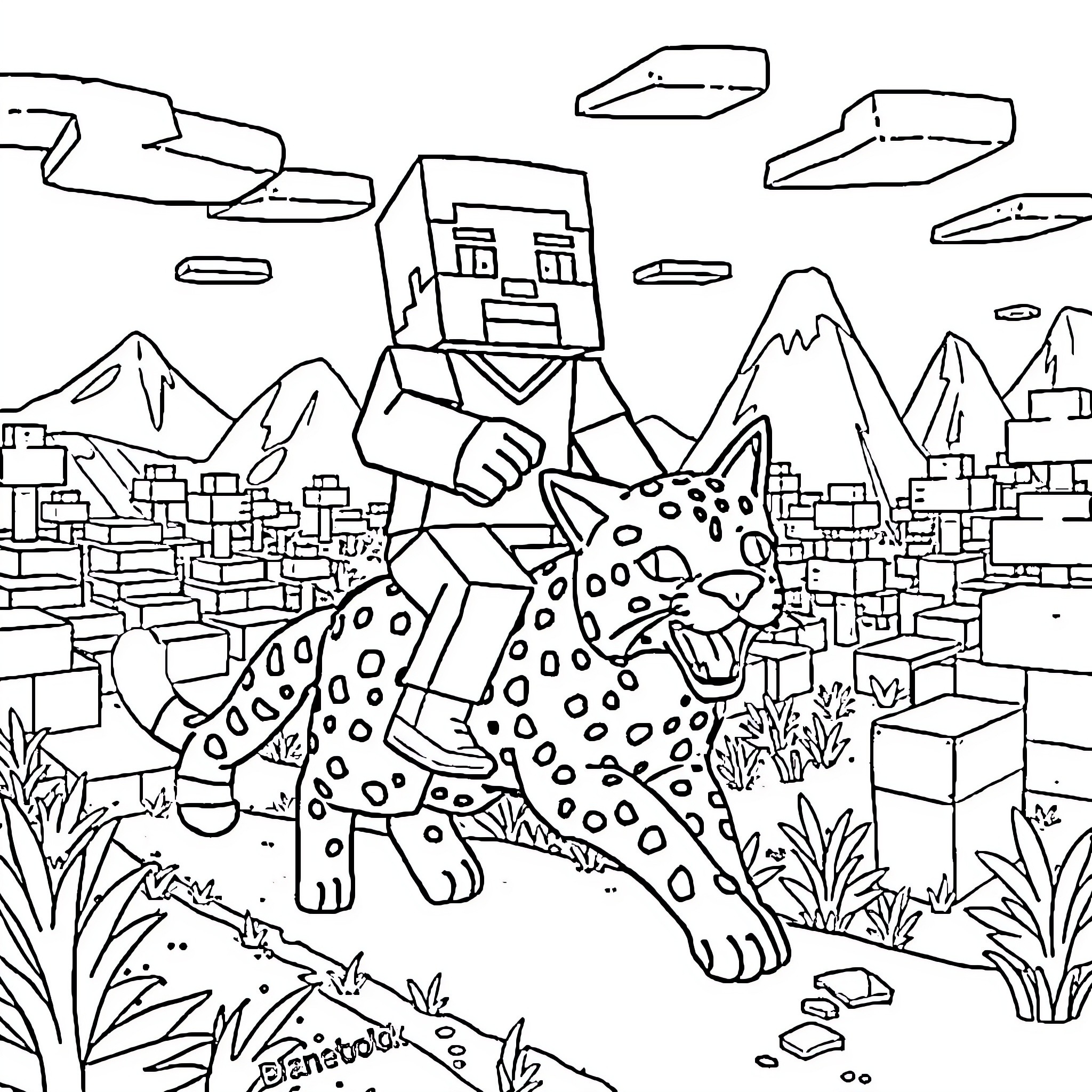 Steve's Encounter with a Spotted Creature in the Wilderness Coloring Page (free black-and-white line drawing printable PDF for all, from beginners to advanced learners, including children, teens, adults, and seniors)